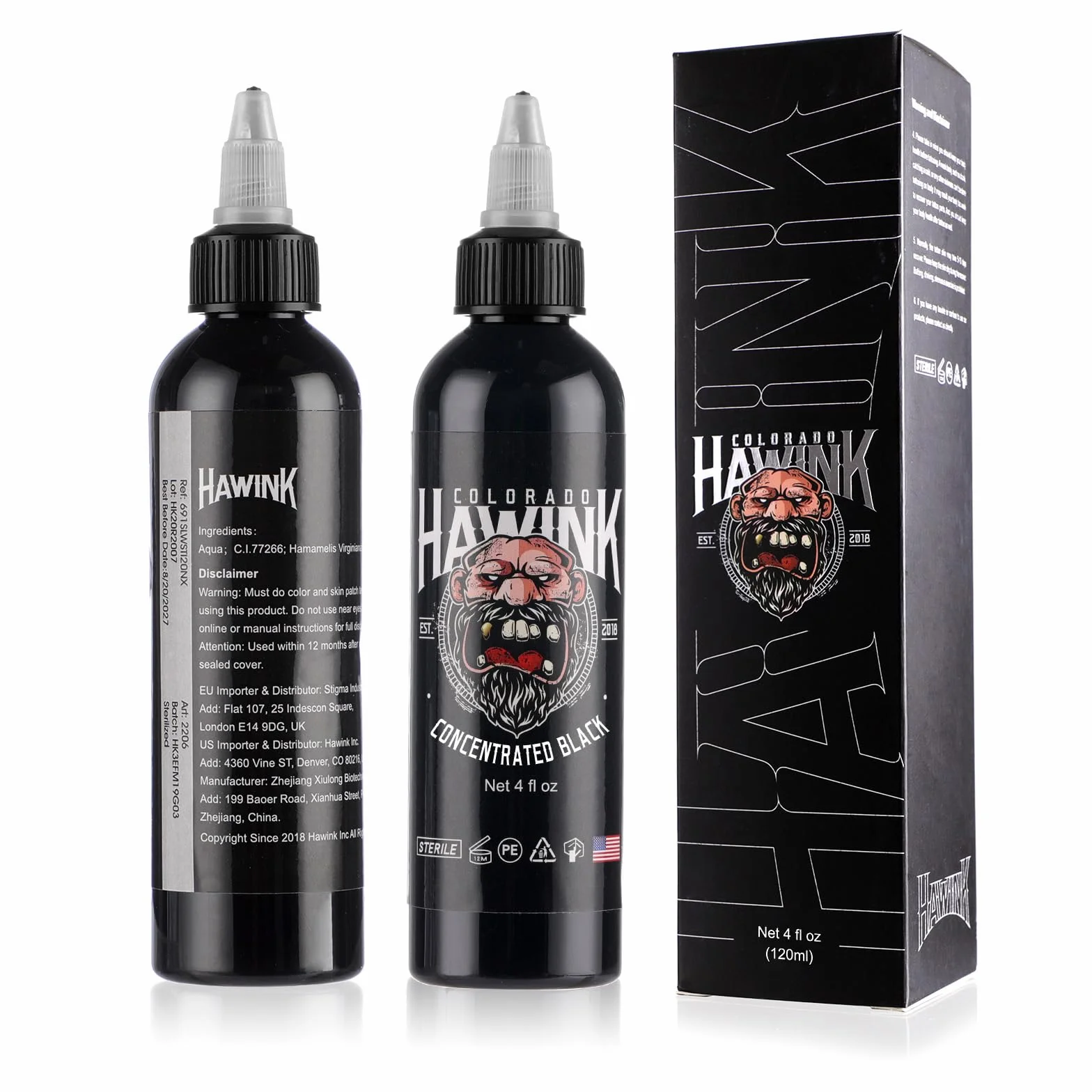 Hawink Black Tattoo Ink 4oz (120 ml) Vegan USA Standard Pigment Pure Black
