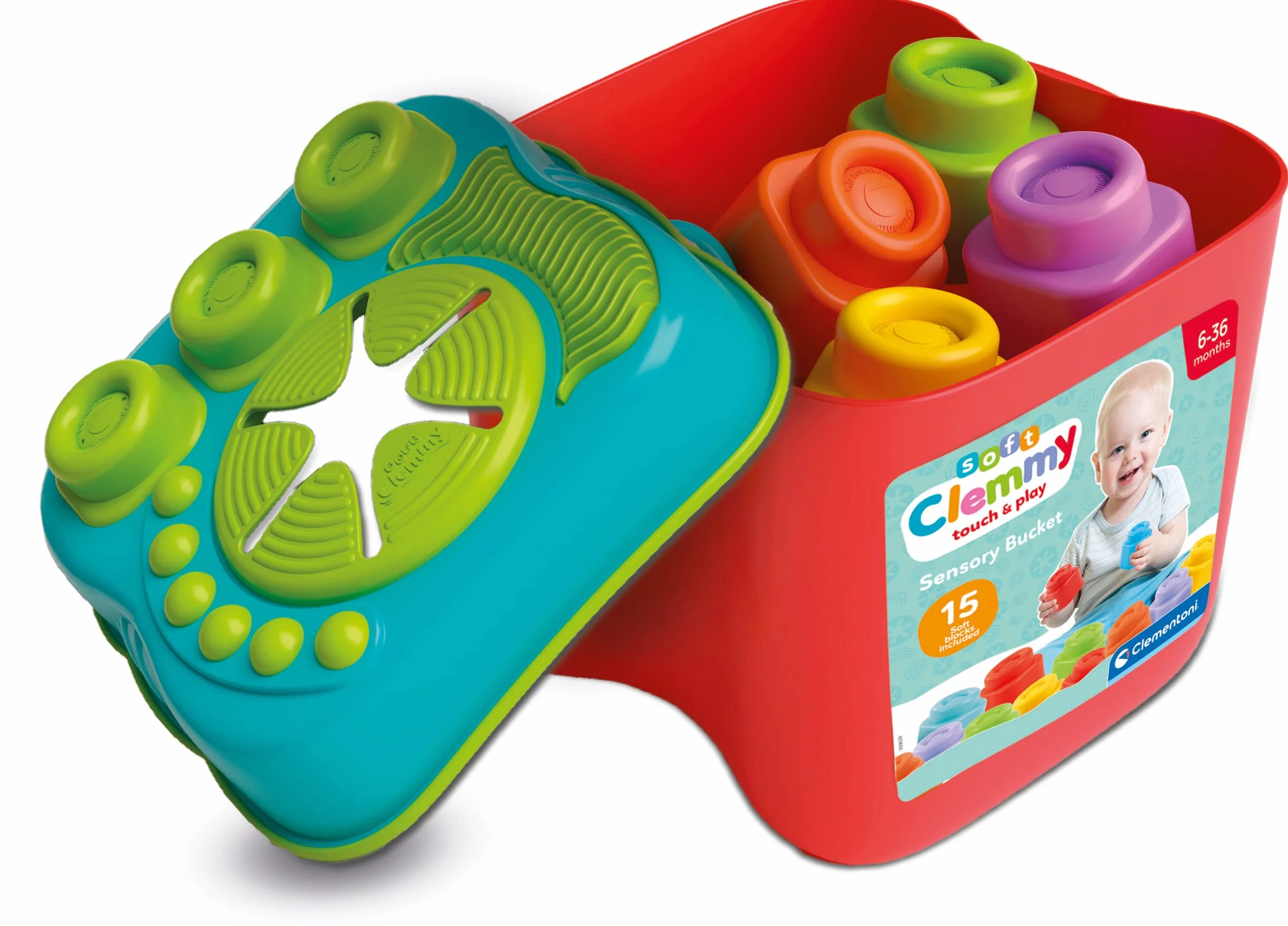 Clementoni - 17807 - Soft Clemmy - Sensory Bucket - Zabawka Konstrukcyjna Dla Dzieci Od 6 Miesięcy, Miękkie Klocki