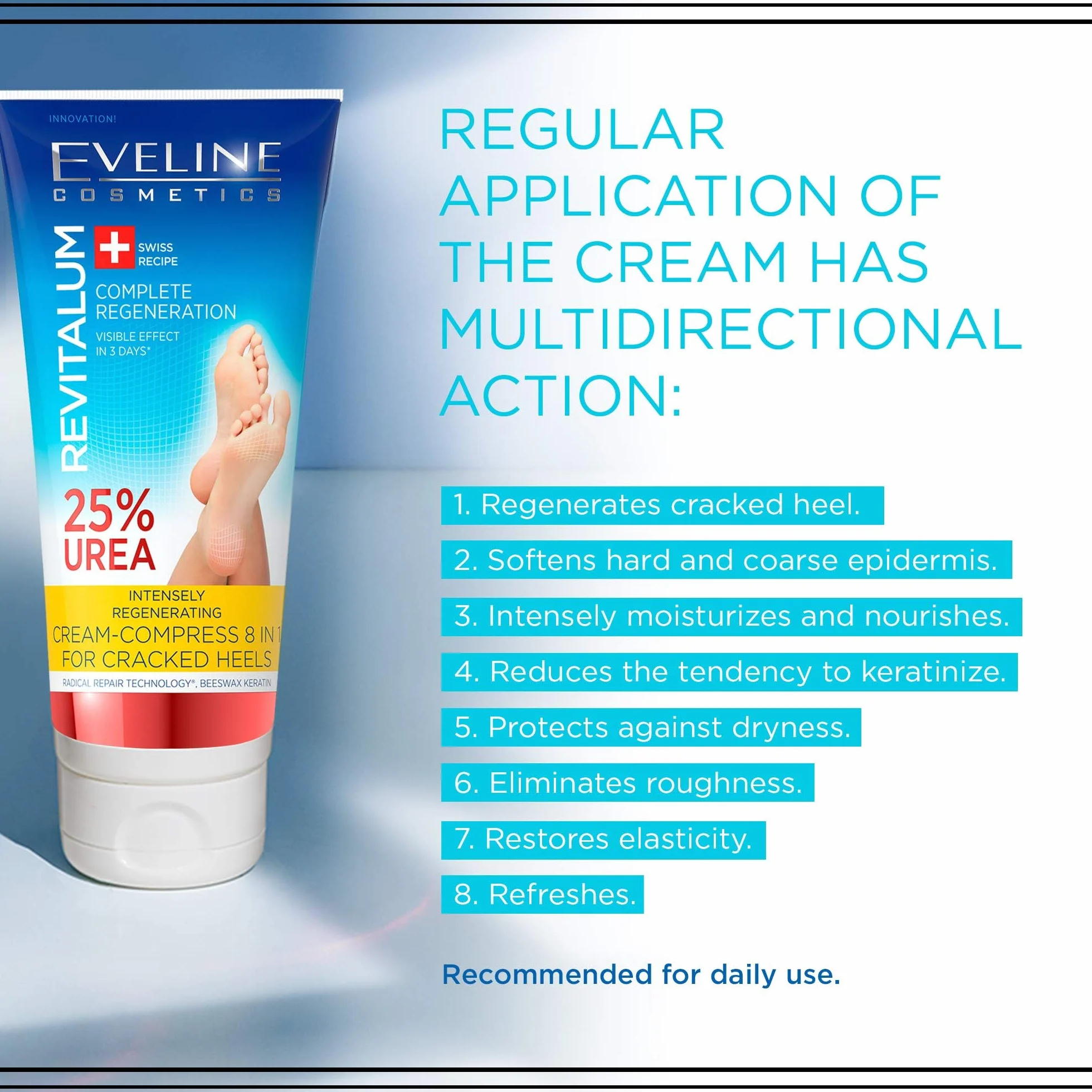 Eveline Cosmetics Revitalum Krem-Kompres Na Popękane Pięty 8 w 1 | 75 ml | Nawilżający Krem ​​Do Stóp Na Popękane Pięty | 25% MOCZNIKA | Formuła Szybko Wchłaniająca Się | Orzeźwiający Ekstrakt z Mięty