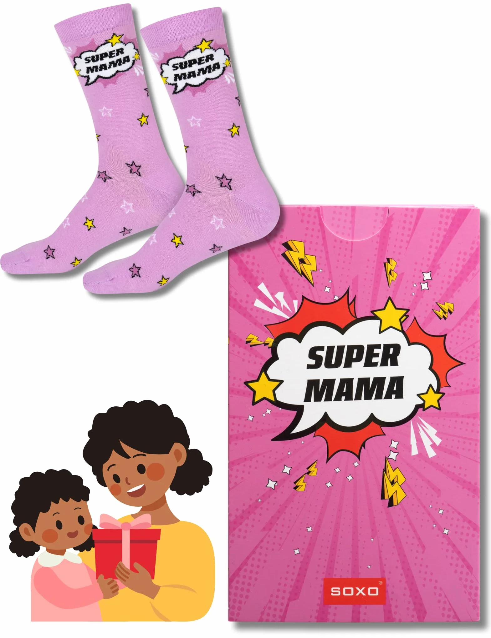 soxo Super Mama Skarpetki Prezent Dla Mamy Śmieszne Prezenty Dla Kobiet Bawełniane Skarpety Damskie 35-40
