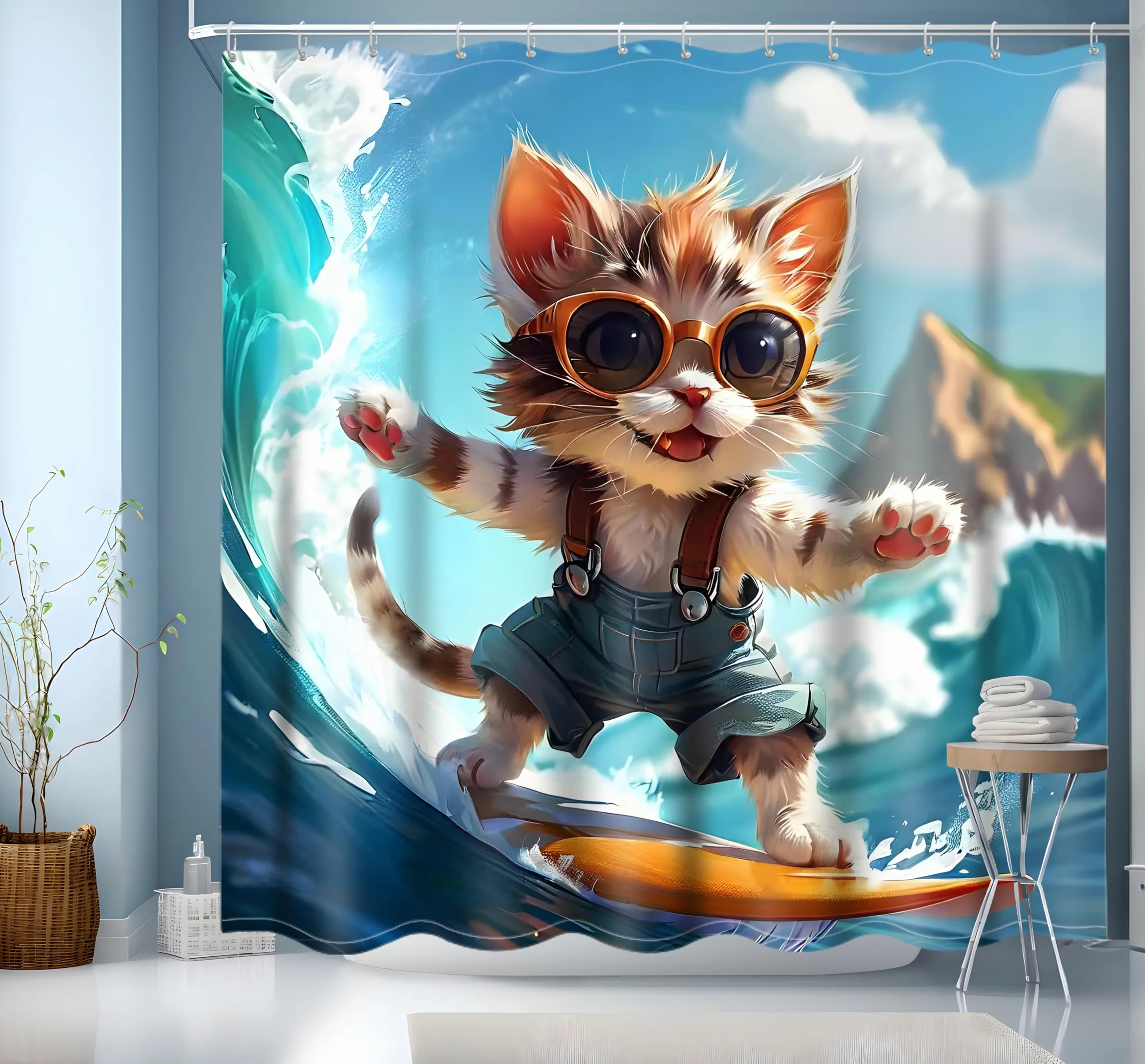 Zabawna zasłona prysznicowa z kotem 200x200cm, urocza kreskówkowa zasłona do wanny, zasłona do wanny z falą morza i oceanu, poliestrowe wodoodporne zasłony łazienkowe dla dziecięcej