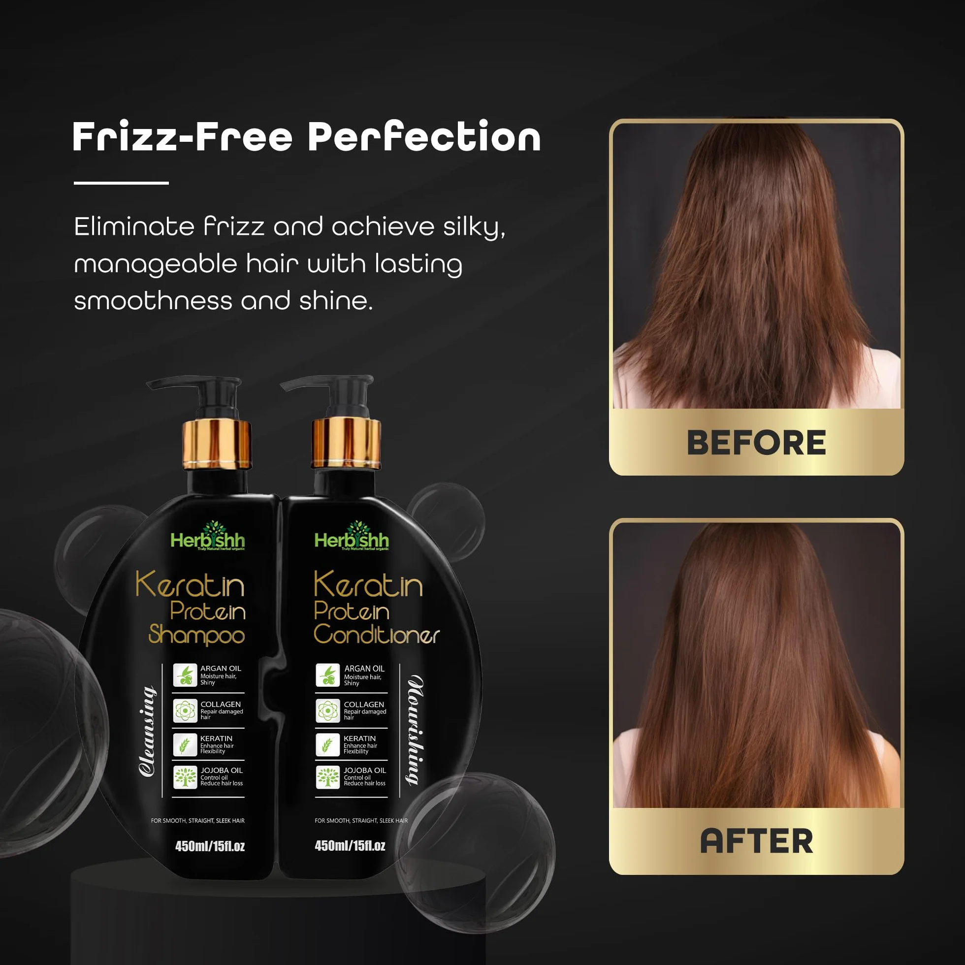 Herbishh Keratin Shampoo and Conditioner Set – Hydrating Keratin Shampoo & Nourishing Conditioner for Dry Damaged Hair – Sulfate Free – Plant Based Keratin Shampoo Conditioner – Safe & Effective
