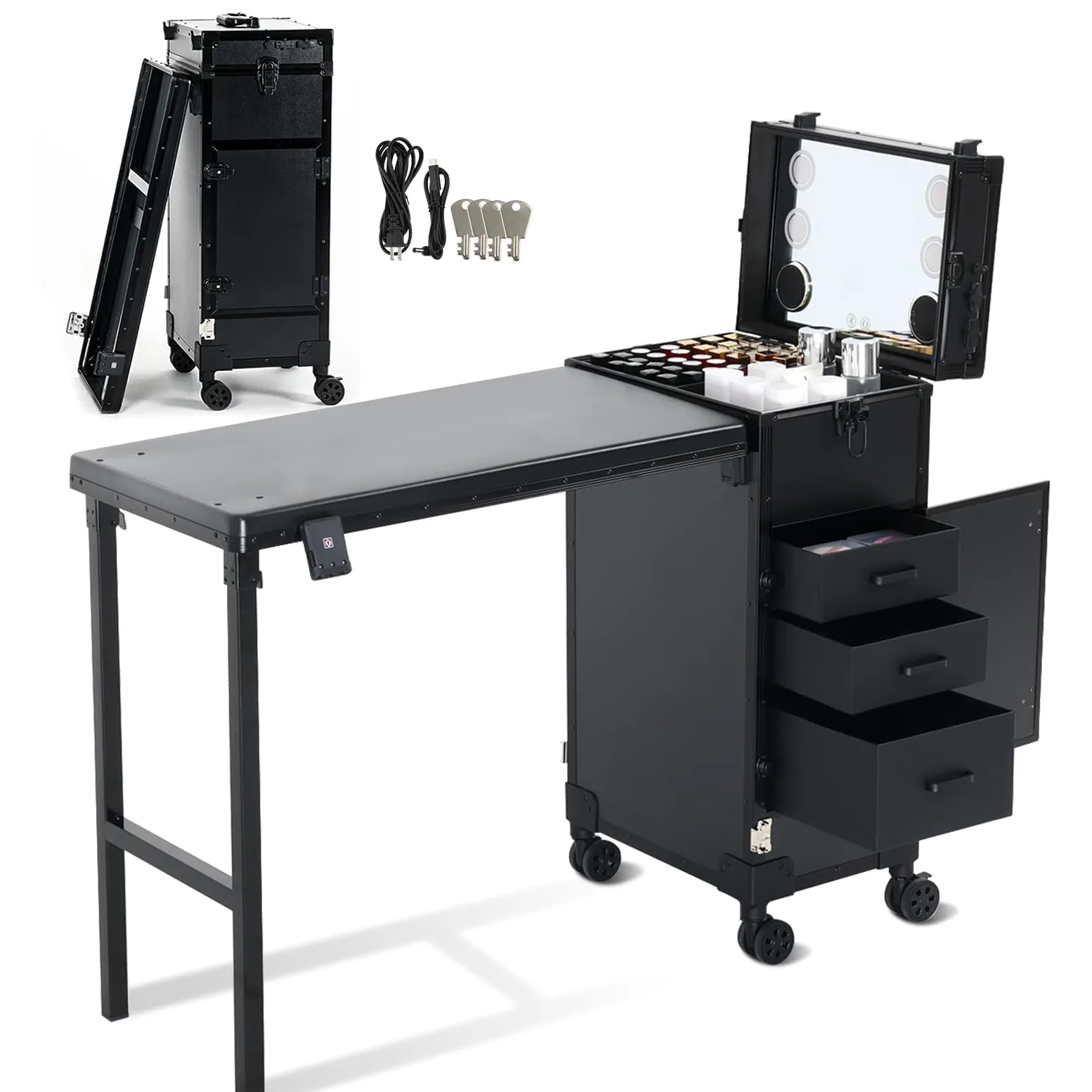 EBANKU Profesjonalny stół do manicure z kółkami 360°, składany, z szufladami, lustrem, Bluetooth, czarny
