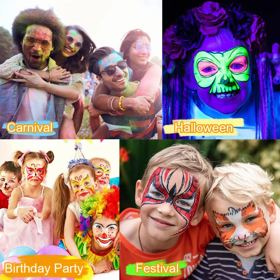 URAQT Farby do twarzy dla dziecko, 8 kolorów fluorescencyjnych UV, bezpieczna nietoksyczna farba do ciała i twarzy, brzucha ciążowego, na Halloween, święta, Cosplay