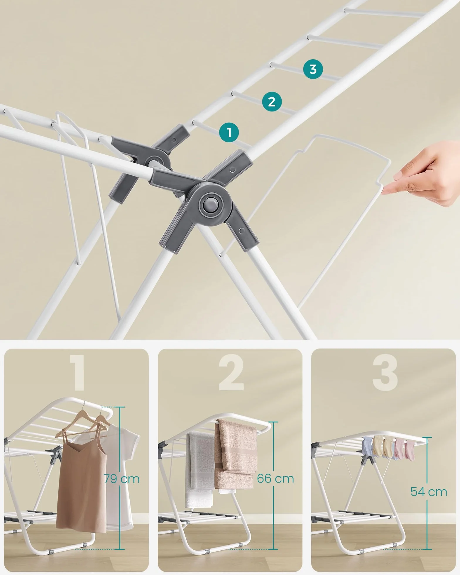 SONGMICS Suszarka na pranie, składana, stojąca suszarka z 2 skrzydłami, zajmuje mało miejsca, metalowa, na małe ubrania, ręczniki, łazienka, balkon, 44 x 101 x 54 cm, biała chmurka LLR504W01