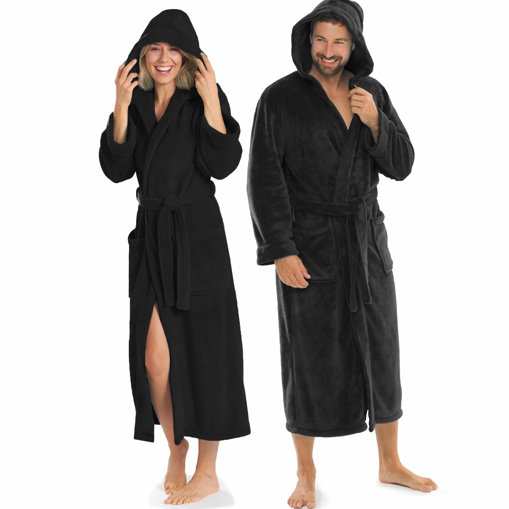 aqua-textil XS-XXXL szlafrok kąpielowy z kapturem, uniwersalny, długie naszyte kieszenie, dla kobiet i mężczyzn, unisex, mikrofibra, przytulny polar Oeko-TEX