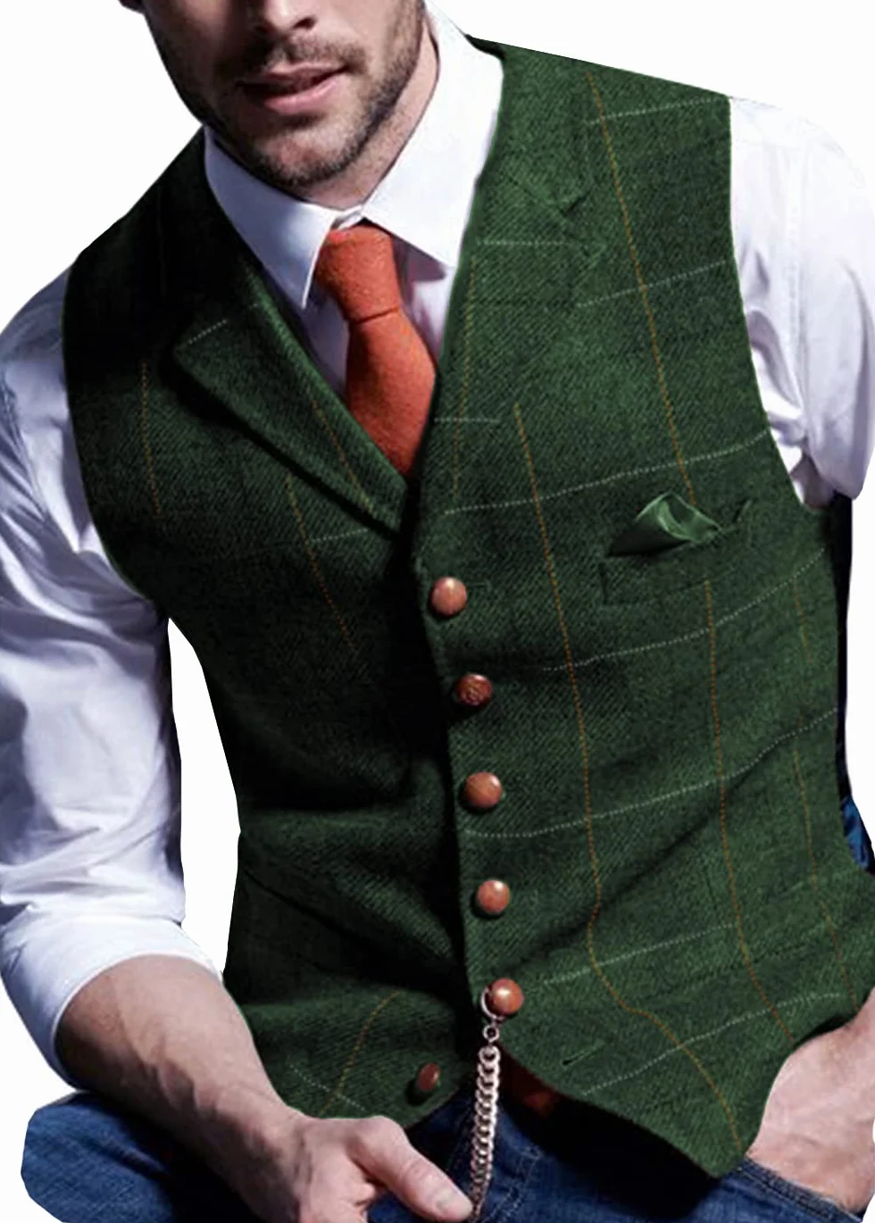 Męska kamizelka w stylu retro, pled, wełniana, luźna, tweed, wzór w jodełkę, do smokingu