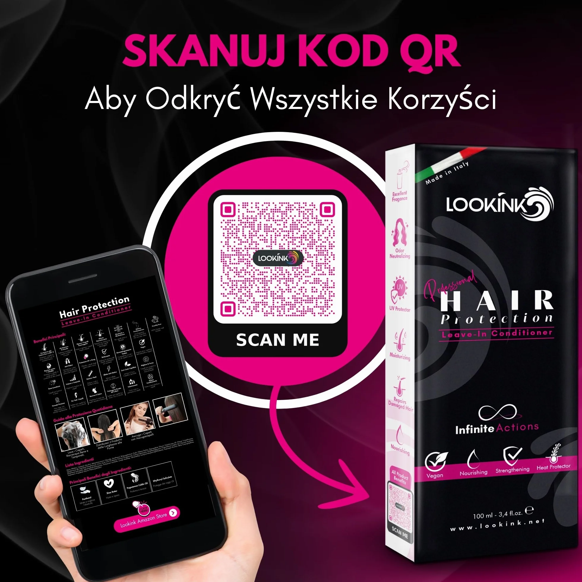 Ochrona włosów w pozostawianiu 100 ml - profesjonalna ochrona przed przegrzaniem włosów - ochrona przed ciepłem w temperaturze 230°C i UV, przeciw puszeniu, przeciw zapachom i wilgocią, nawilża,