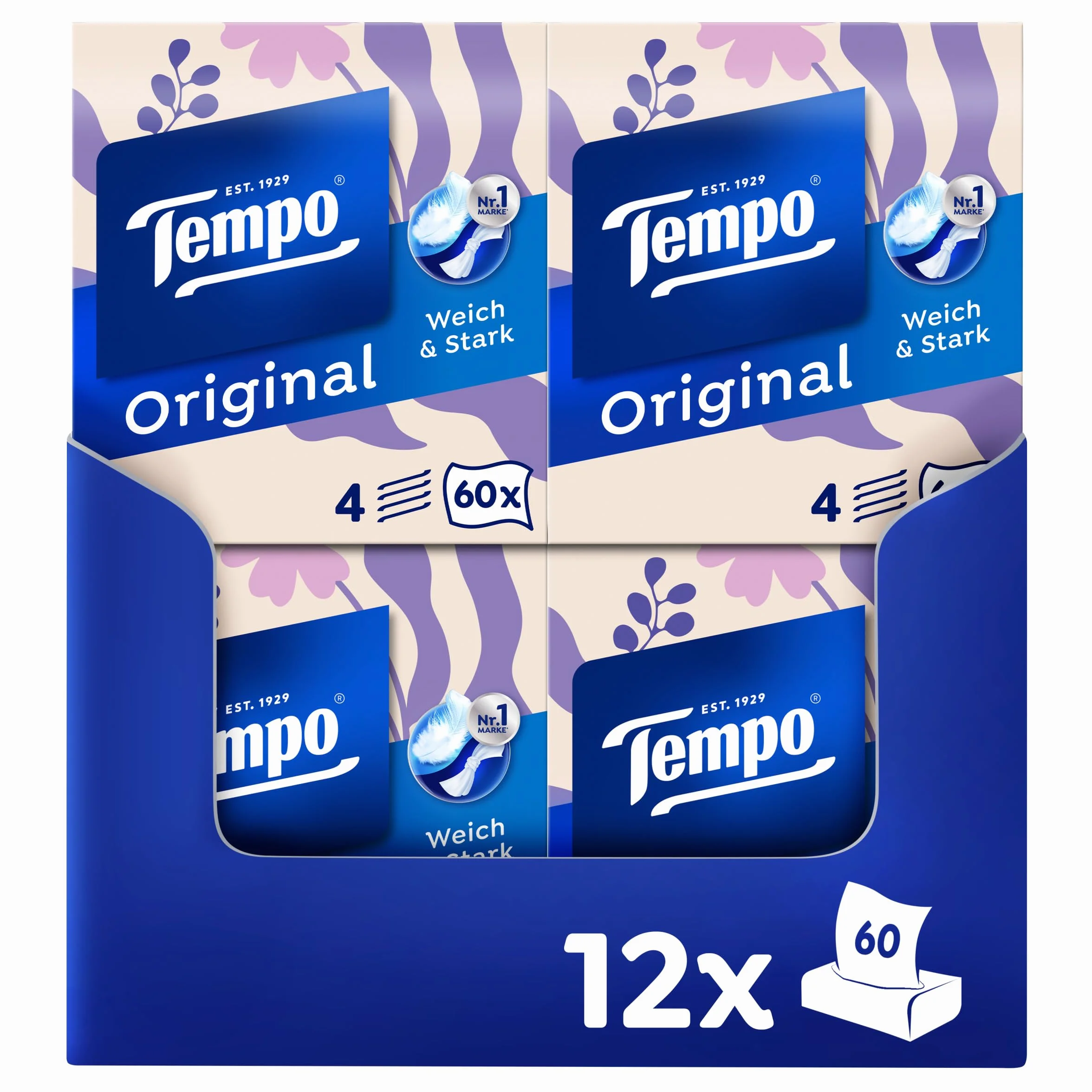 Pudełko na chusteczki Tempo Original - Megapack - 12 pudełek, 60 chusteczek w pudełku - wyjątkowo mocne, miękkie chusteczki papierowe, można prać w pralce