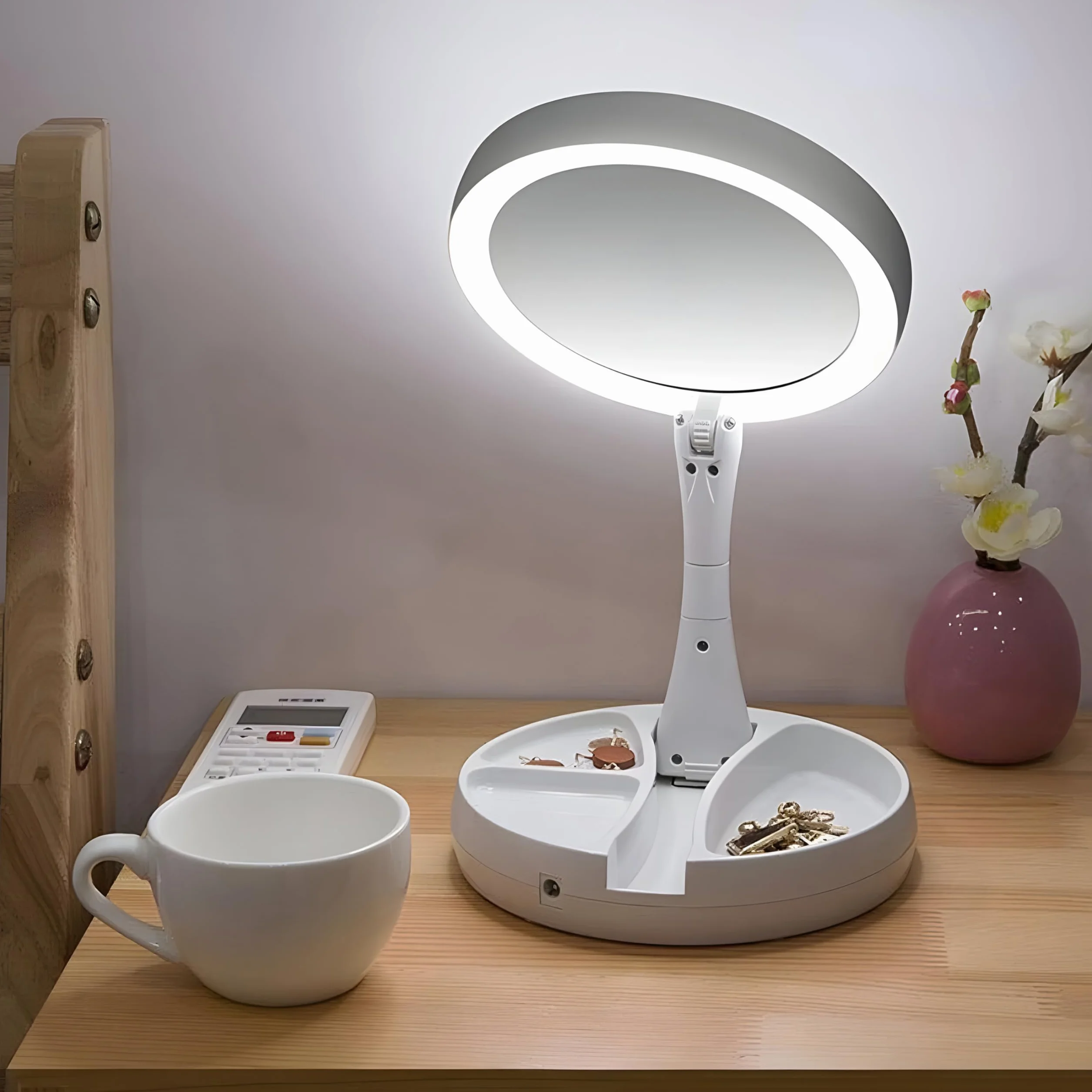 Retoo Lusterko kosmetyczne z oświetleniem LED 17,5 x 5,3 cm, obrotowe lusterko do makijażu, podświetlany lustro stołowe, zasilanie bateryjne lub USB, kompaktowe do domu, łazienki i w podróży