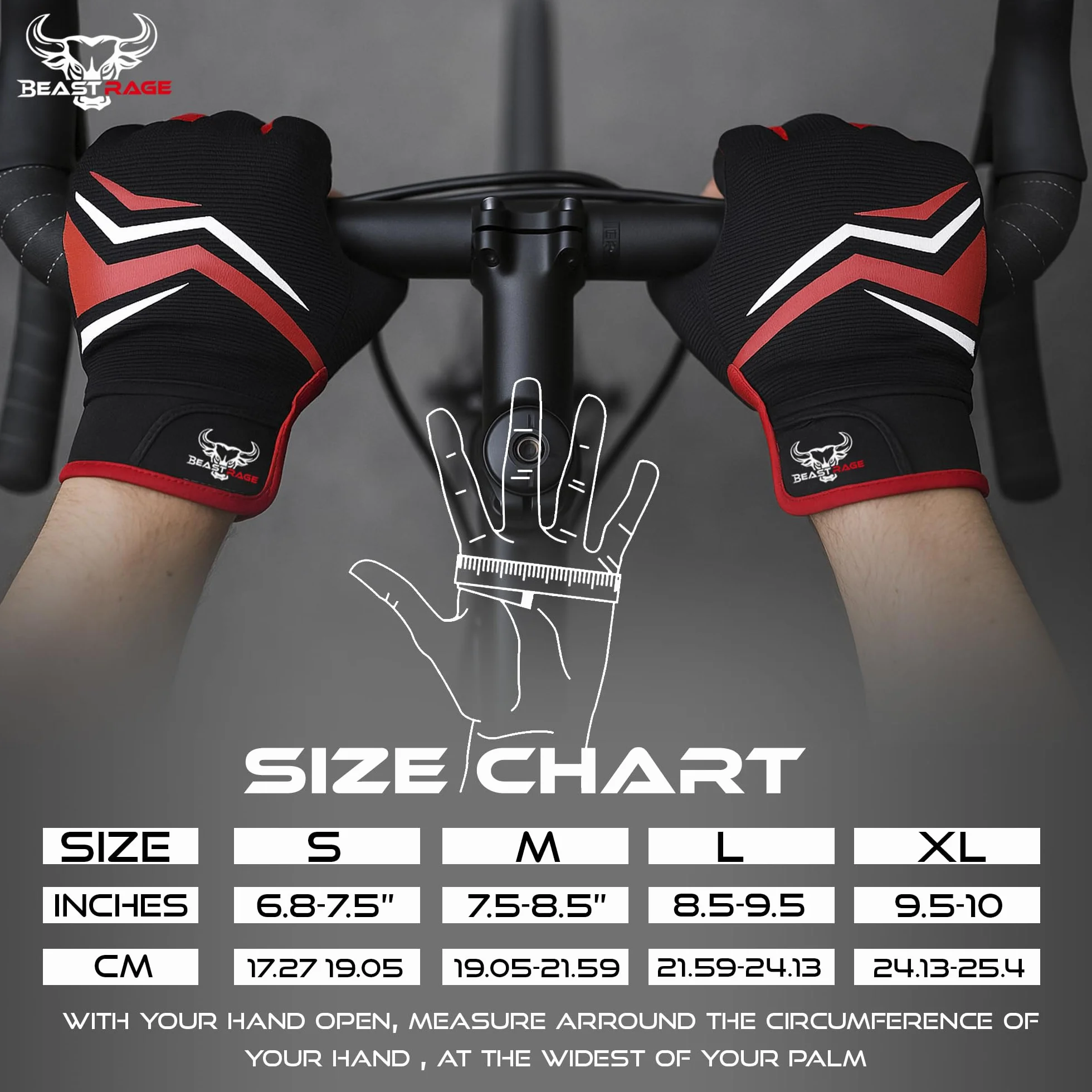 Beast Rage Rękawiczki rowerowe z pełnymi palcami dla mężczyzn i kobiet, antypoślizgowe, amortyzujące wstrząsy, oddychające, do rowerów górskich, do rowerów BMX, MTB, wyścigów szosowych, rowerów