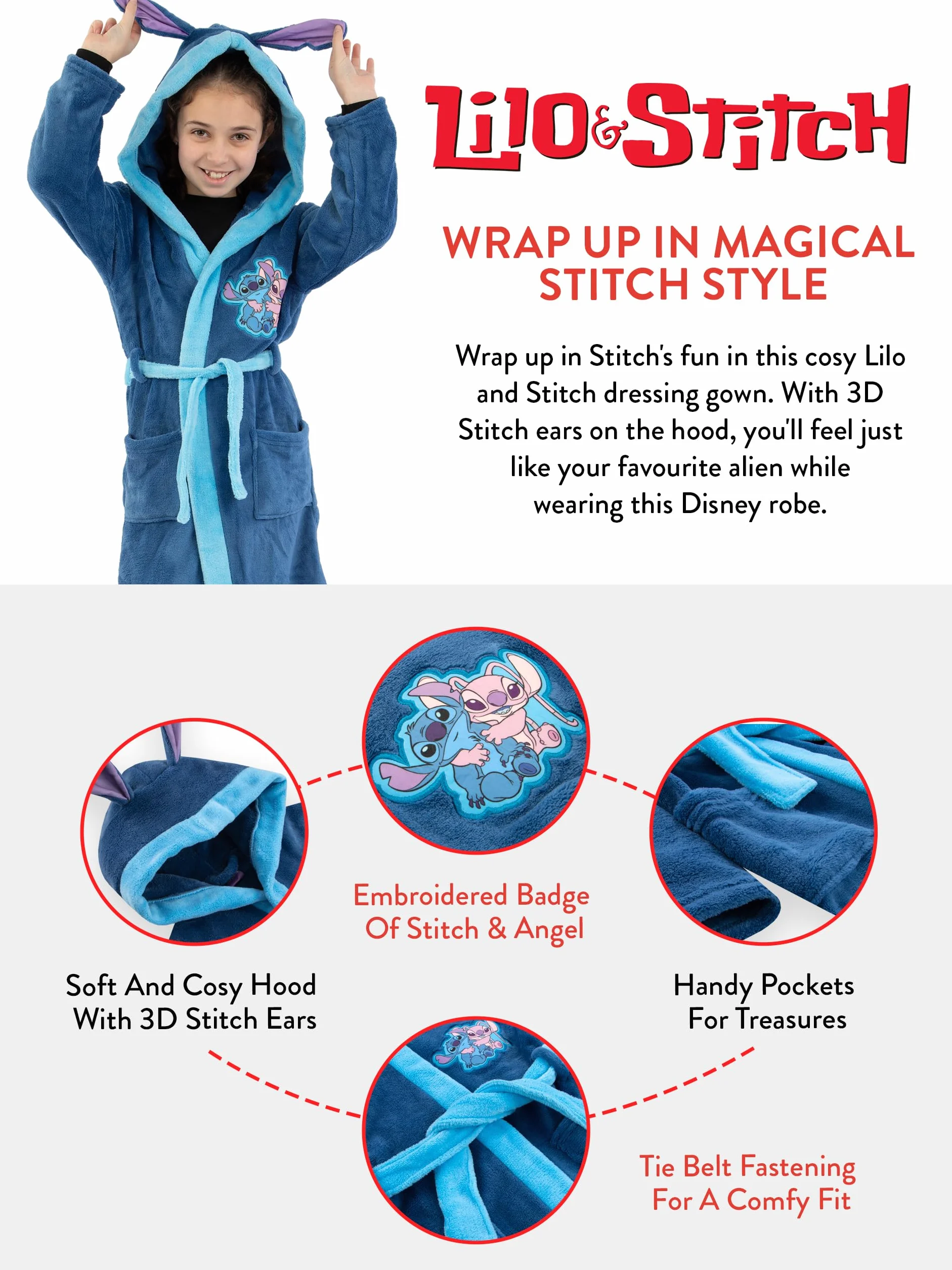 Disney Lilo i Stitch Szlafrok | Szlafrok z Kapturem | Polarowy Szlafrok z 3D Uszami | Oficjalny Produkt Stitch