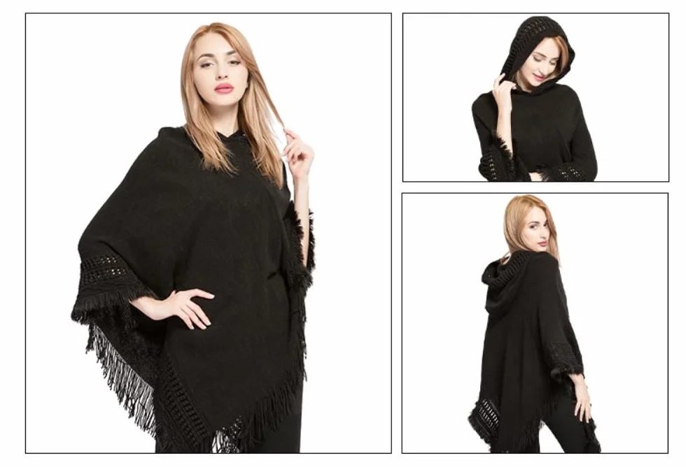 Proumhang Kobiety Hooded Poncho Sweater,Knit Shawl Cape Pullover z frędzlami,Kobiety Shawl Wrap Poncho Cape,Szale na jesień zimę,Prezenty dla kobiet Mama 85cm x 80cm
