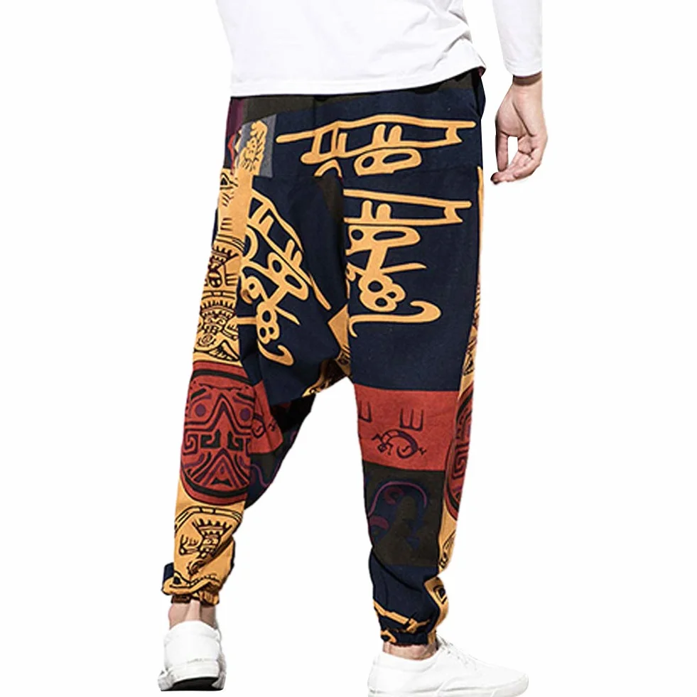 Męskie luźne spodnie hip-hopowe bawełniane lniane Harem Aladdin Yoga Casual Bohemia Bloomers spodnie z nadrukiem z kieszeniami