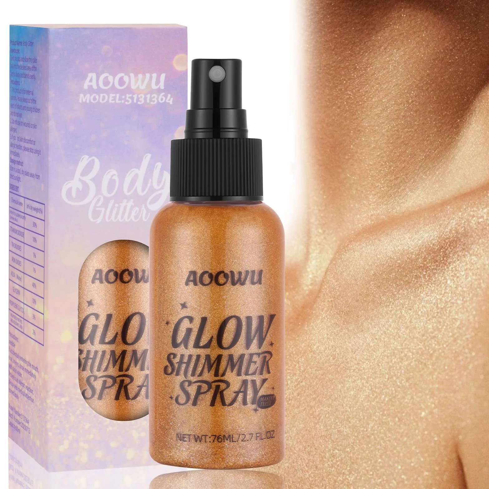 AOOWU Brokatowy spray w proszku, brokat do ciała, brokatowy spray, spray rozjaśniający skórę, migoczący puder do twarzy, ciała, włosów, Halloween, ślub, karnawał, impreza, 01