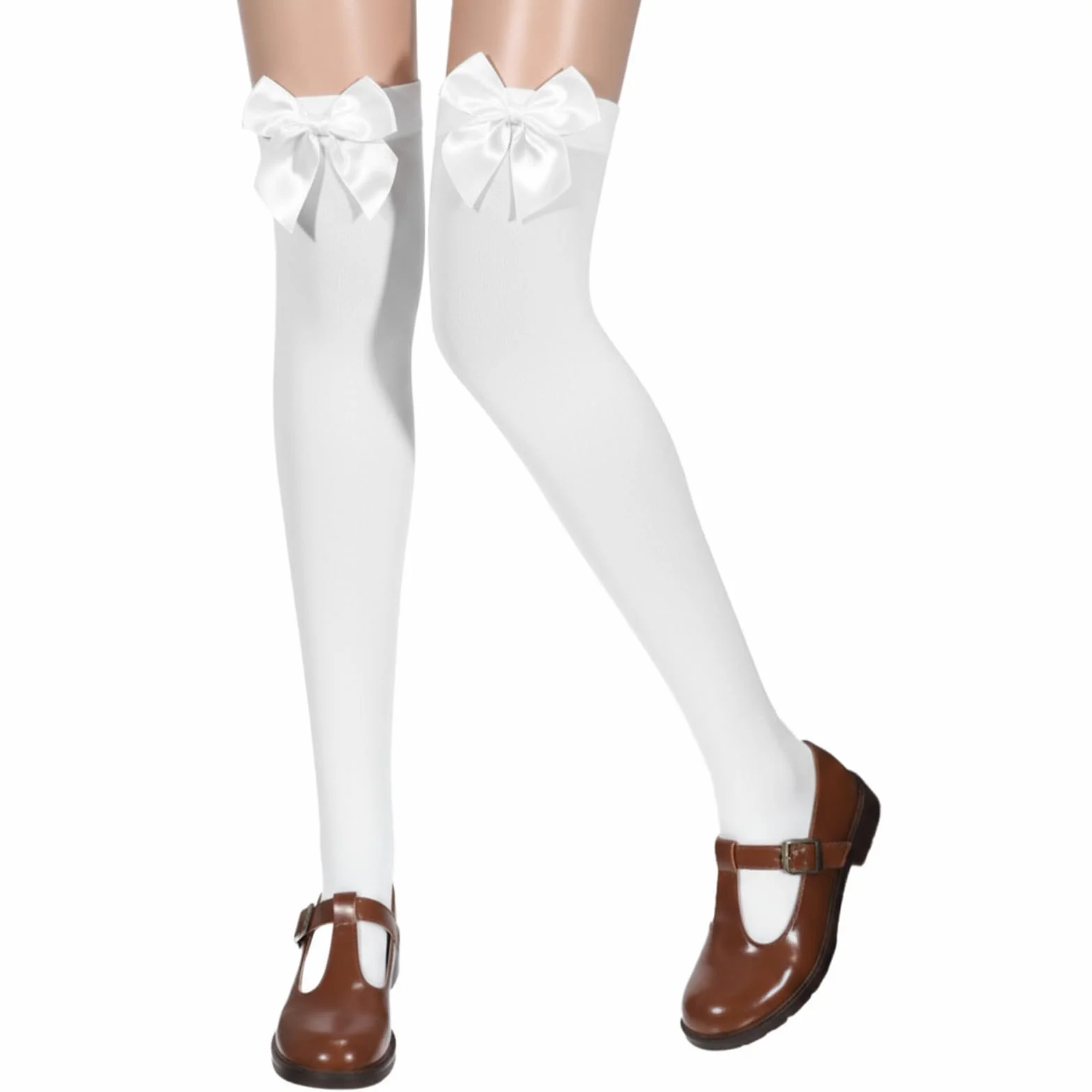 Podkolanówki damskie za kolano, 1 para podkolanówek z kokardką, Thigh Highs, białe skarpety, długie, wysokie skarpety, na karnawał, do kostiumu, imprezy tematycznej