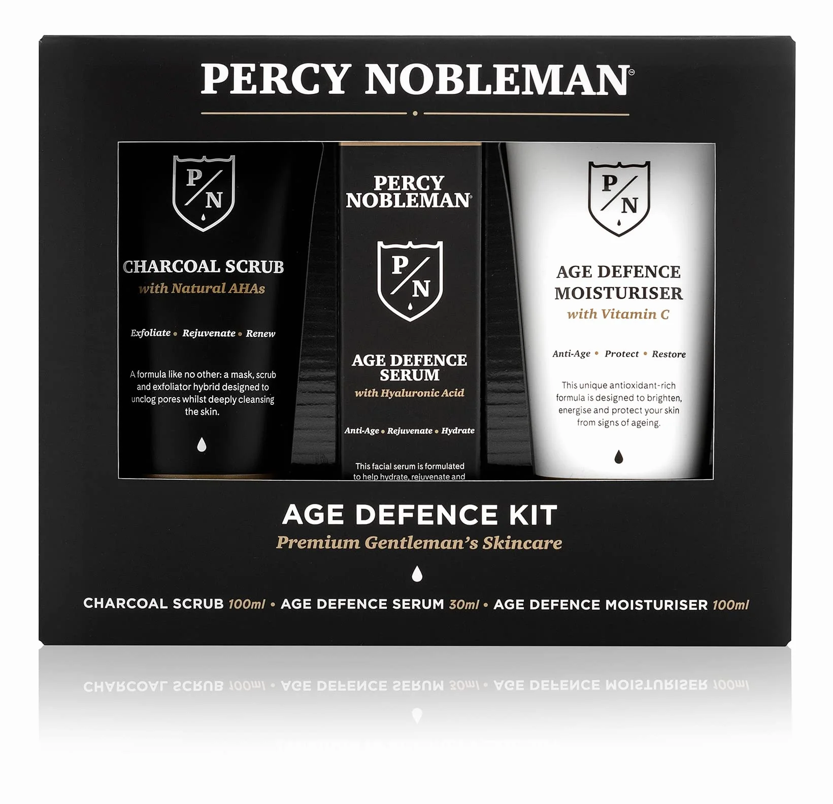 Percy Nobleman Age Defence Kit, zestaw do pielęgnacji skóry dla mężczyzn z węglem drzewnym peeling do twarzy (naturalny AHA), ultranawilżające serum do twarzy (z kwasem hialuronowym) i kremem