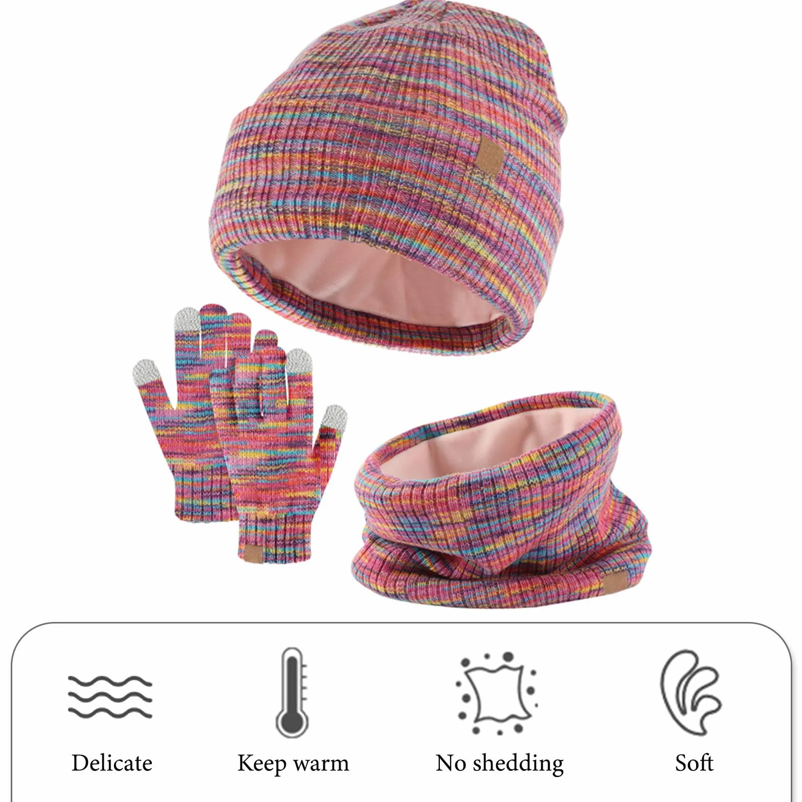 GWAWG Dziecięca czapka zimowa, szalik, rękawiczki, zestaw 3 szt., ciepła termiczna dzianinowa czapka beanie, ocieplacz na szyję, rękawica, miękka podszewka z polaru, elastyczna dla dzieci w wieku 5-12