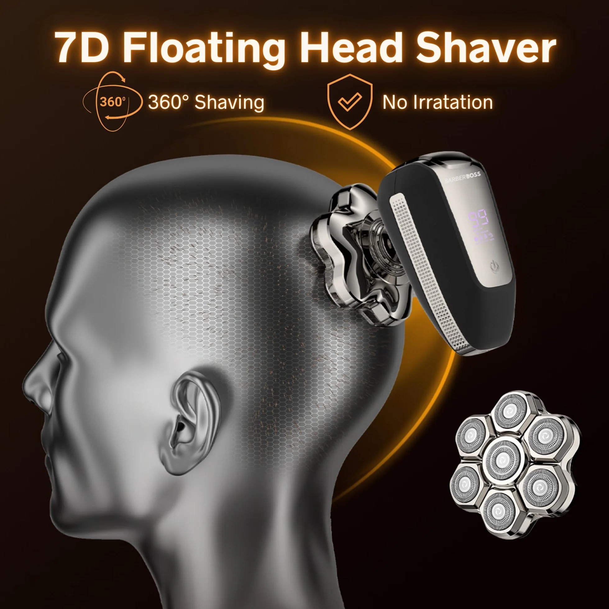 BarberBoss Golarka obrotowa 7D 5 w 1 z wyświetlaczem LED, ładowanie USB-C, trymer do brody i nosa, zestaw do pielęgnacji twarzy