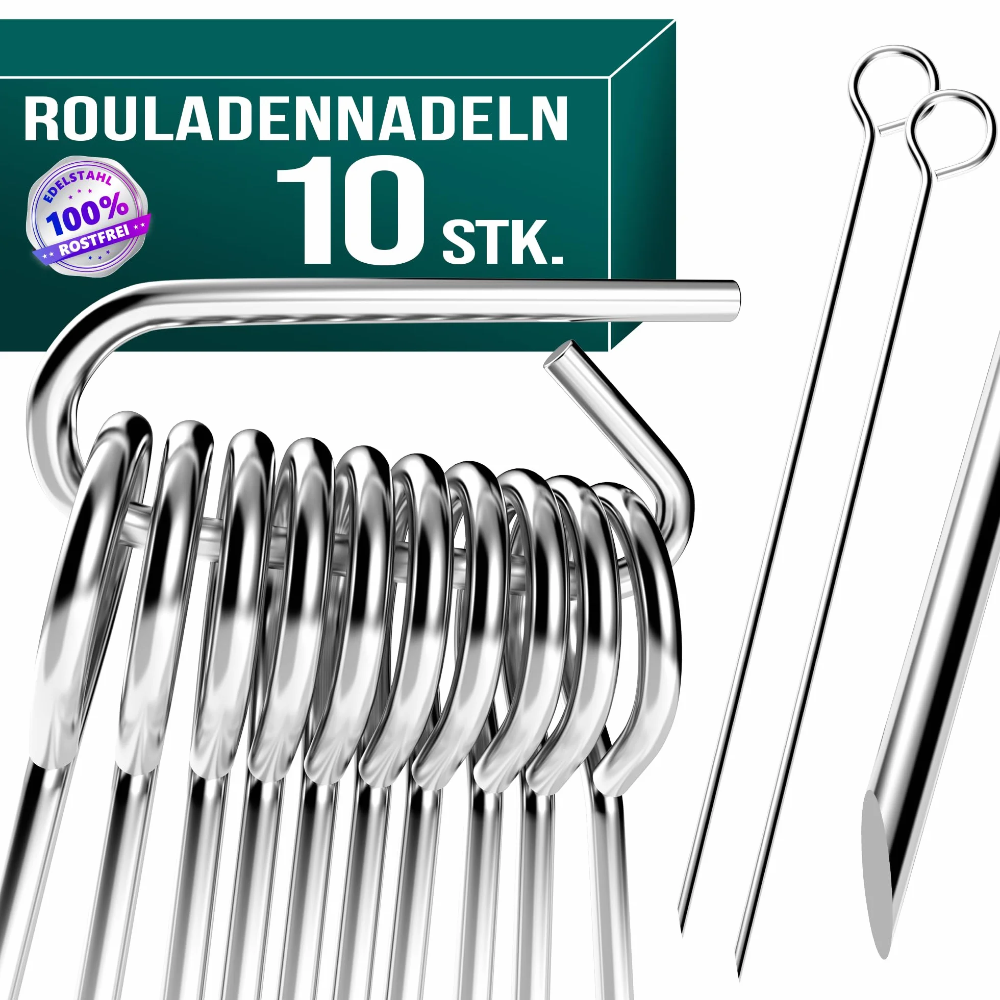 Igły do rolady, 10 sztuk w zestawie – szpikulce z uchwytem i ostrą końcówką, z stali nierdzewnej, zastępują klamry, długość 10 cm
