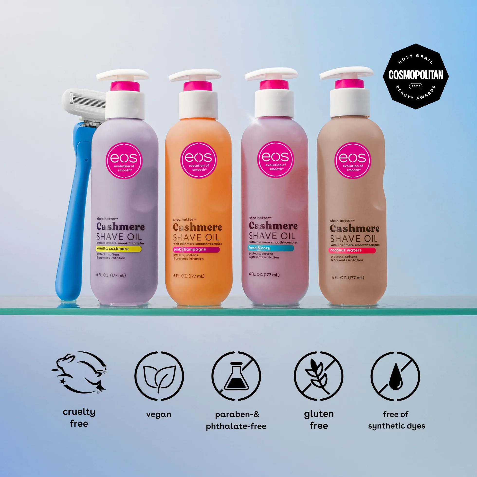 eos Olejek kaszmirowy do golenia – Fresh & Cozy nawilżający olejek do golenia · z masłem shea i gliceryną · do skóry wrażliwej · 177 ml