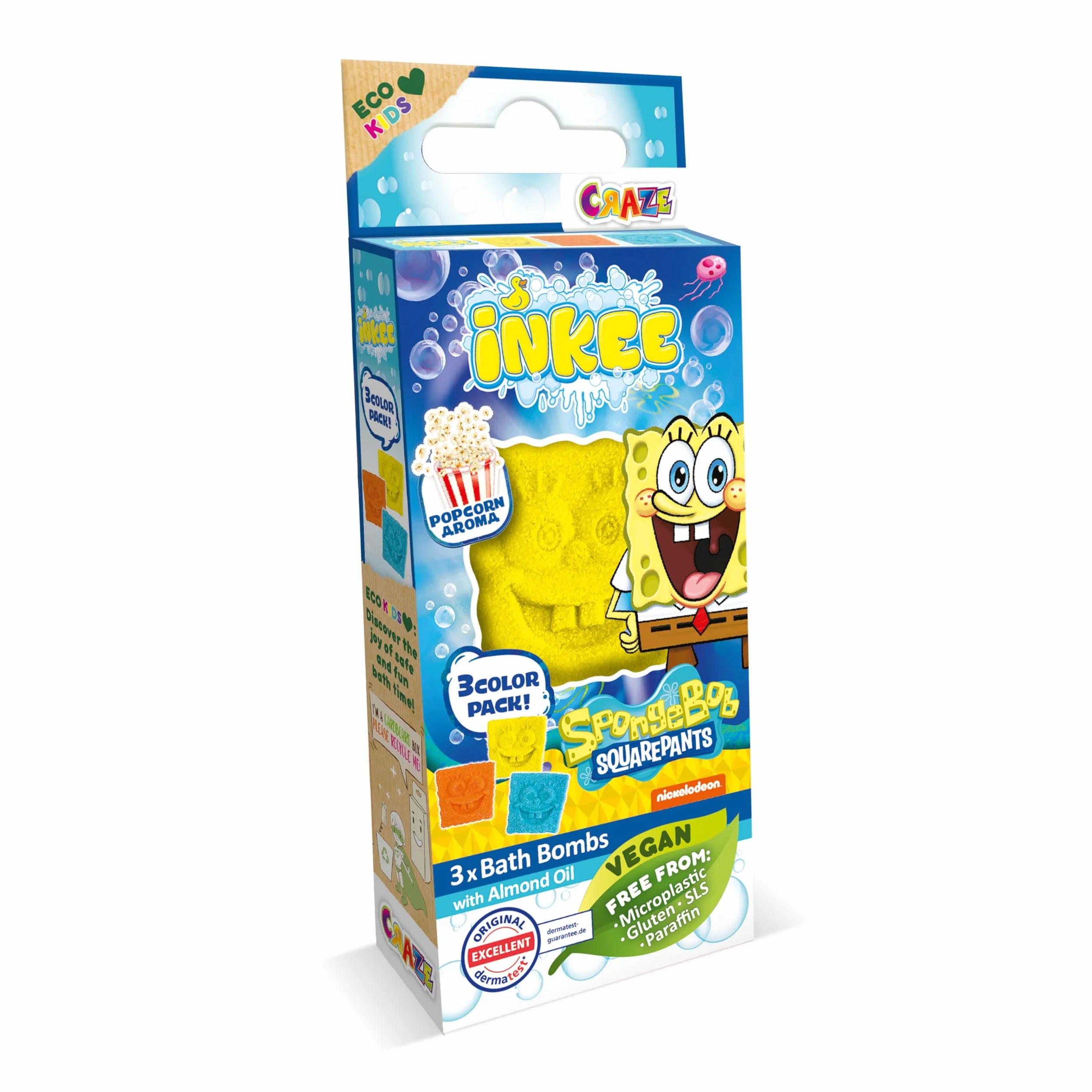 INKEE Mini Pack SpongeBob, Zestaw 3 Pompy Do Kąpieli Dla Dzieci Z Kształtami Jego Postacie SpongeBob I Aromat Popcorn, Bezpieczna Zabawa