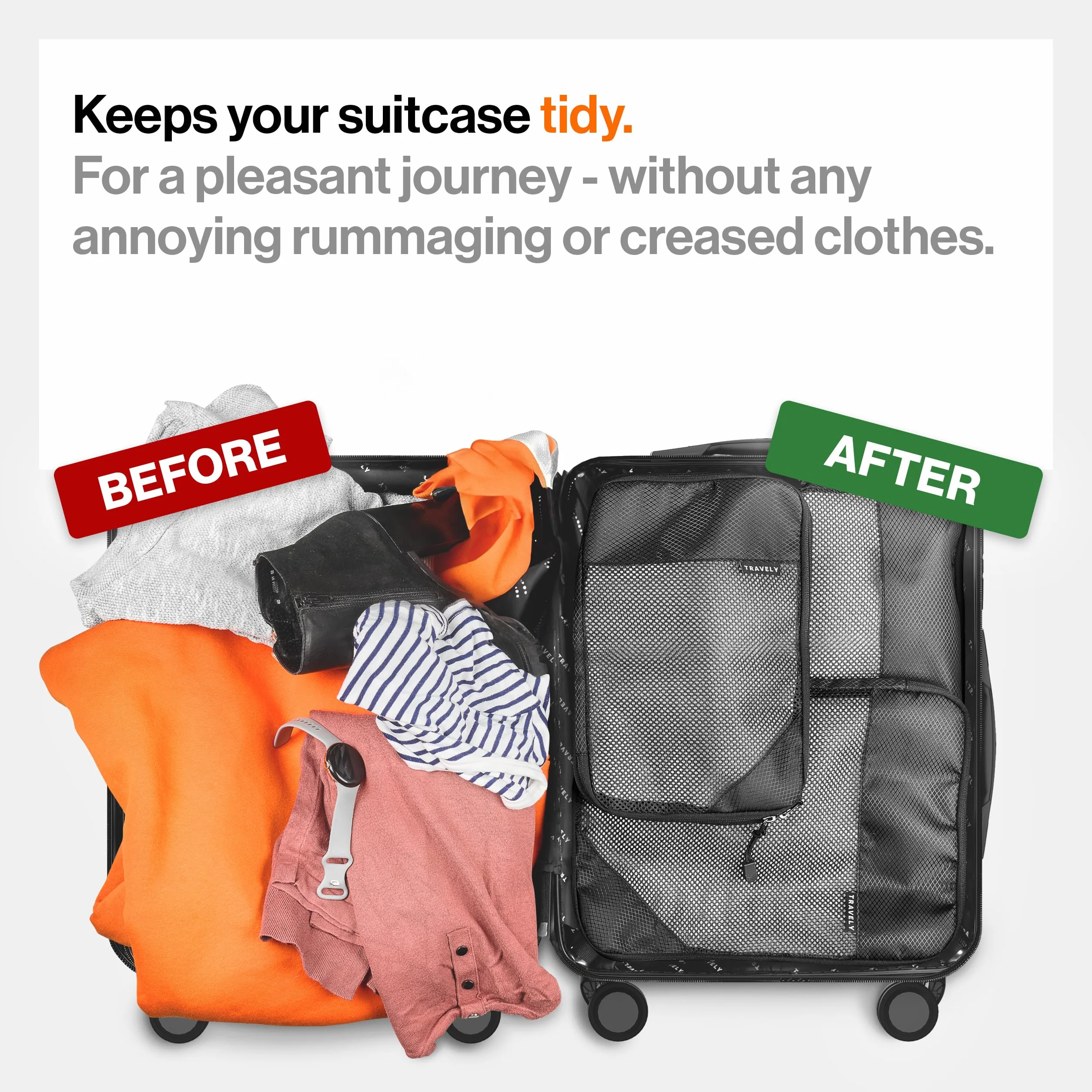 TRAVELY Packing Cubes Compression – 8-częściowy zestaw wraz z torbą na buty i workiem na pranie – kostki kompresyjne jako walizka lub organizer do plecaka – torby podróżne, worki kompresyjne