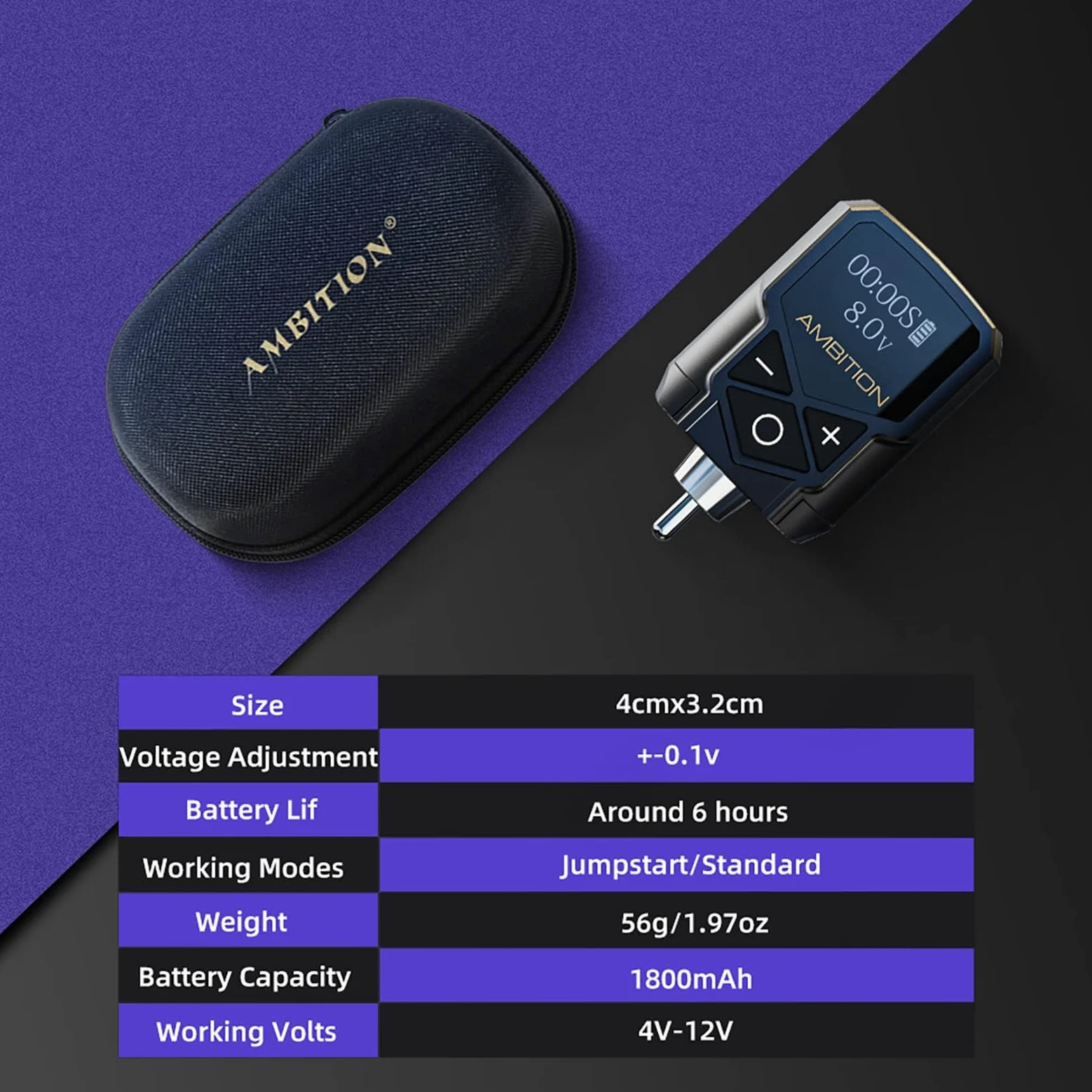 Zasilacz do tatuażu - Ambition Kuark Mini Bezprzewodowy przenośny akumulator litowy RCA Tattoo 1800 mAh z cyfrowym wyświetlaczem LED do rotacyjnej maszynki do tatuażu
