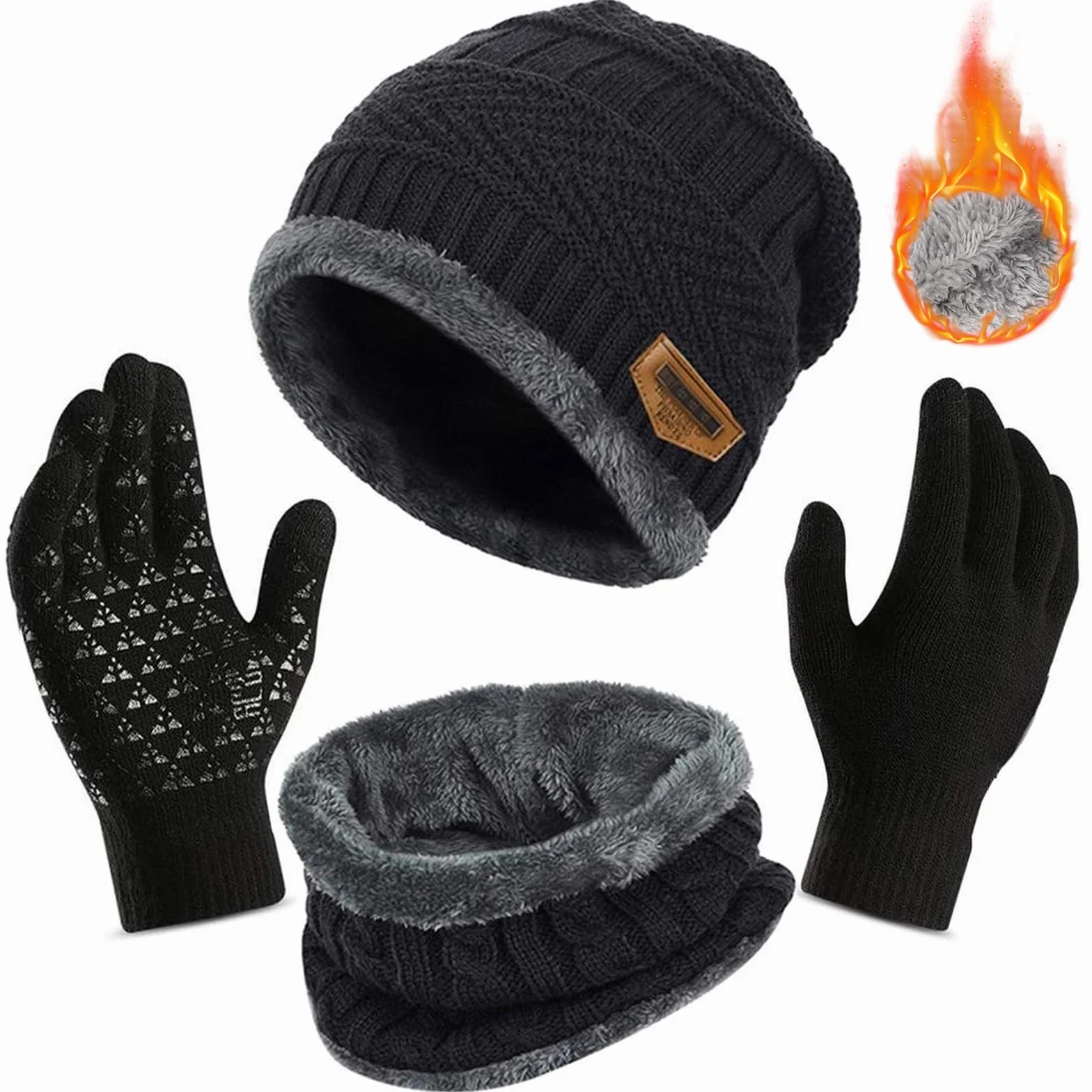 TYXHXTF Czapka zimowa szalik rękawiczki ciepłe 3 w 1 zestaw, dzianinowa czapka beanie, okrągły szalik i antypoślizgowa rękawica do ekranu dotykowego, miękka rozciągliwość, do sportów na świeżym