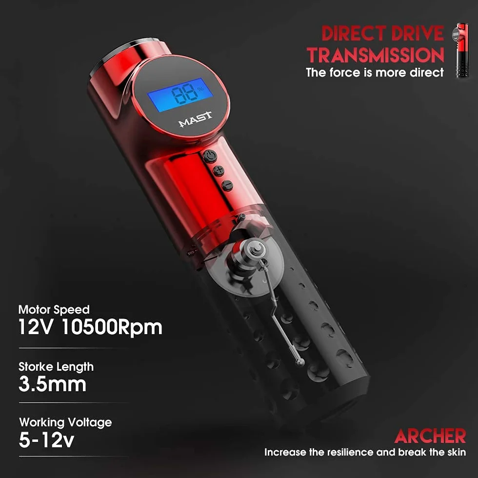 Mast Archer Tattoo Machine Pen Cordless Rotary Tattoo Gun 3.5mm Stroke 2000mAh Battery with 2pcs Grips for Tattoo Artists and Beginners