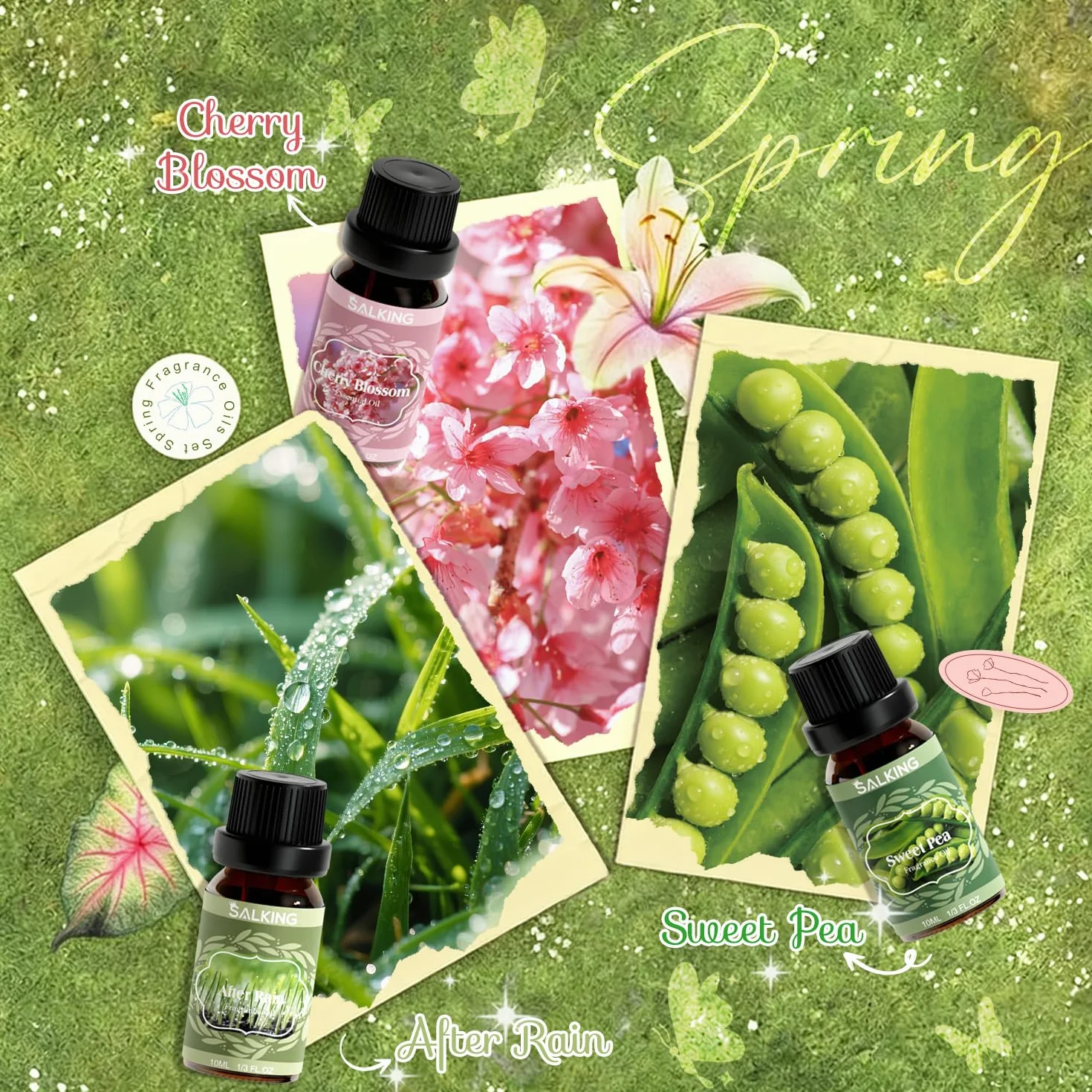 SALKING Zestaw olejków eterycznych wiosennych, 6 x 10 ml, 100% aromaterapii, nawilżacza powietrza, masażu, po deszczu, świeżo skoszonej trawy, szalergu, geranium