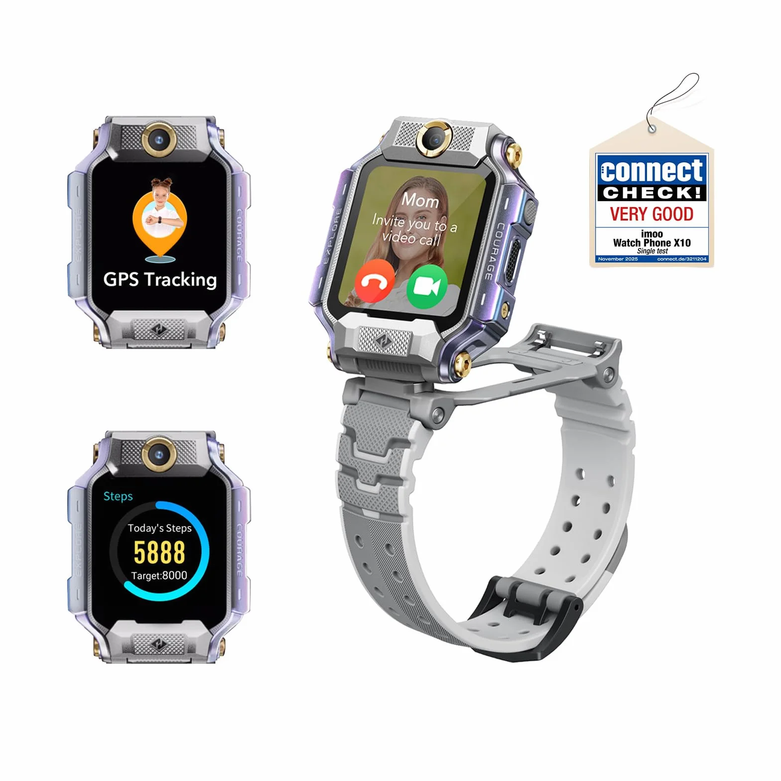 imoo X10 Smartwatch dla dzieci z kartą SIM, smartwatch 4 G LTE Smart Watch z podwójnym aparatem, 1,6", szeroki kąt widzenia 98°, ochrona przed wstrząsami, 32 GB ROM, SOS (szary)