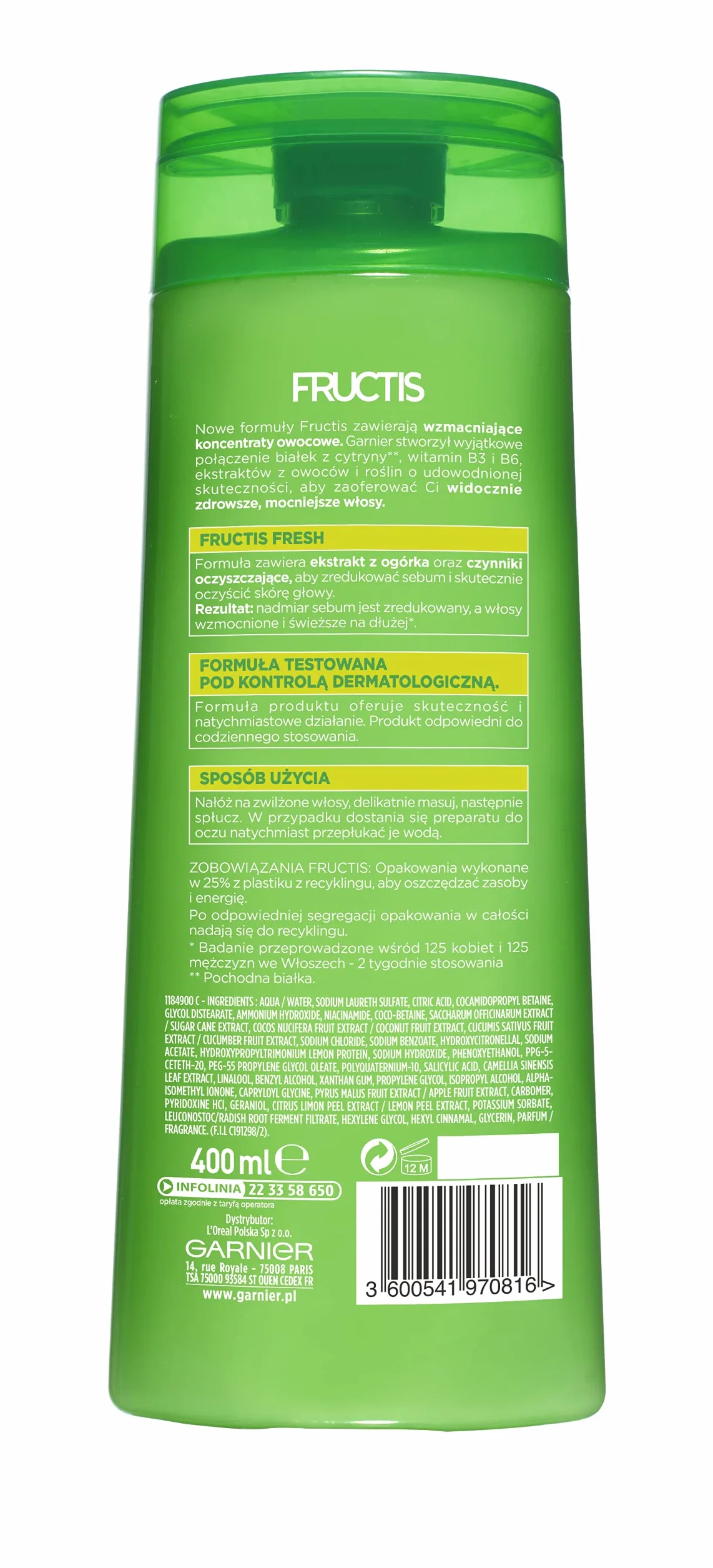 Garnier Fructis Fresh szampon do włosów normalnych i przetłuszczających się, wzmacnia, oczyszcza i odżywia, 400 ml