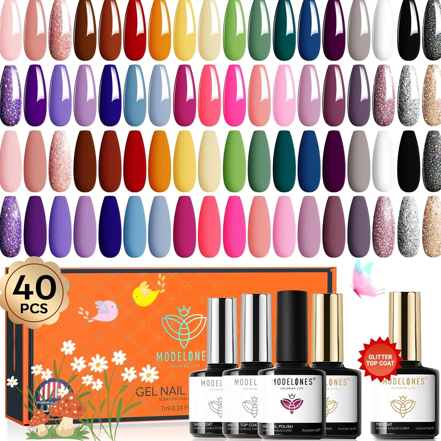 Modelones Zestaw Lakierów do Paznokci UV 40 PCS 36 Kolorów Lakier żelowy Soak Off Nail Studio Base Top Coat