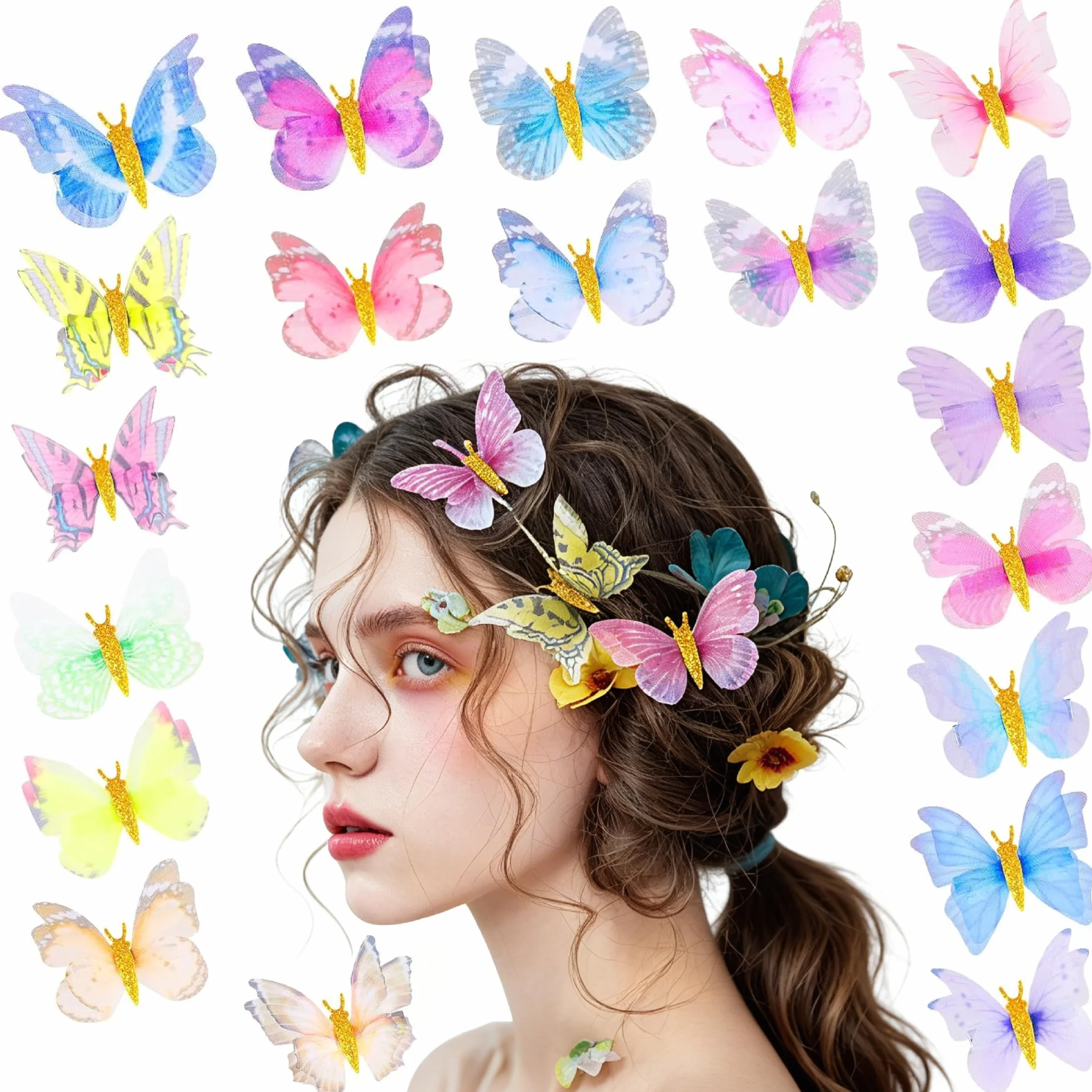 20 sztuk spinek do włosów w kształcie motyli, dekoracyjne motyle z klipsem, mini motyle, kolorowe klipsy do włosów, Moving Butterfly, dekoracyjne motyle z klipsem, opaska na włosy