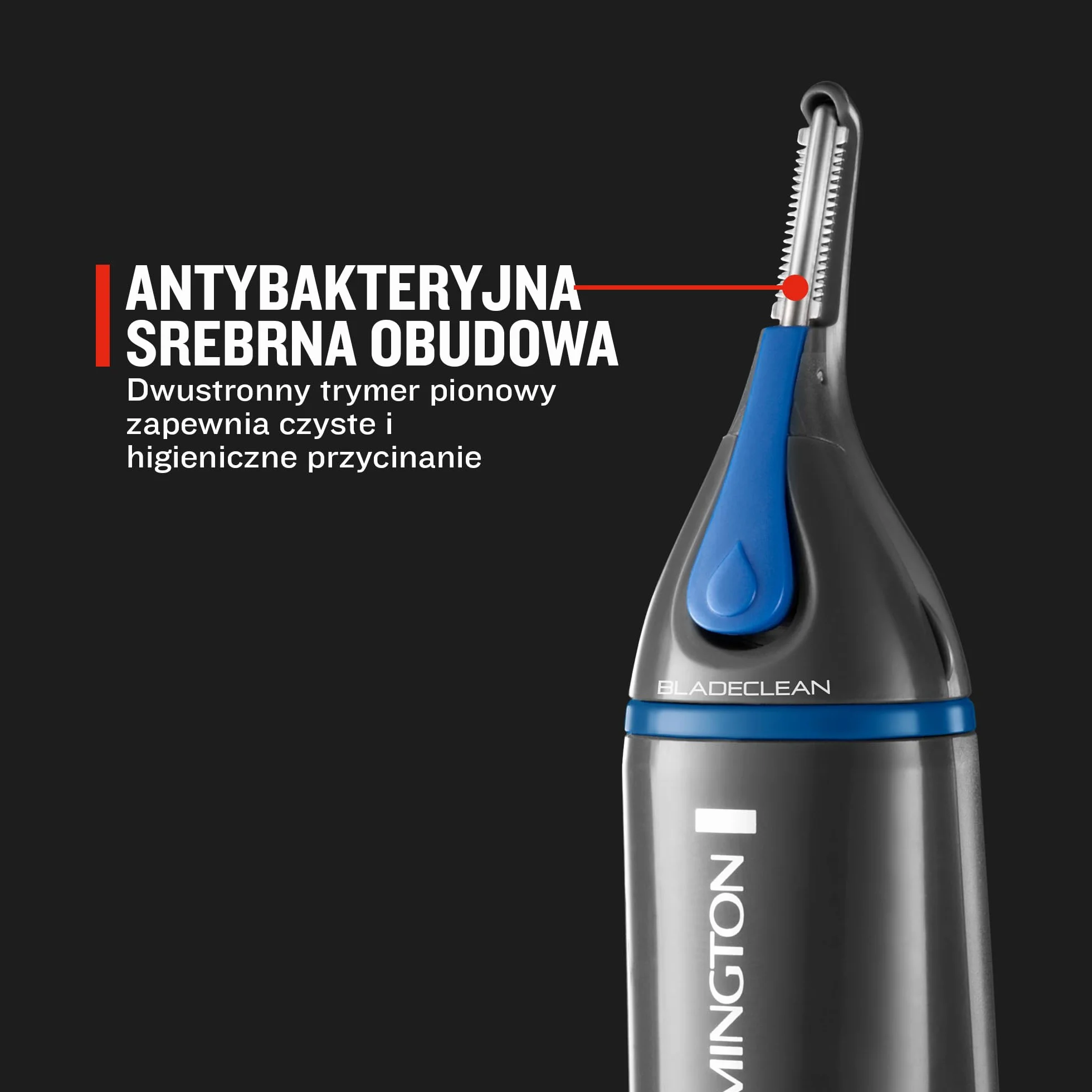 Remington trymer do nosa i uszu, powłoka antybakteryjna z nanosrebrem, dwustronny trymer, obrotowa głowica, zaokrąglone ostrza, nakładki grzebieniowe, szary, Hygiene Clipper NanoSeries NE3850