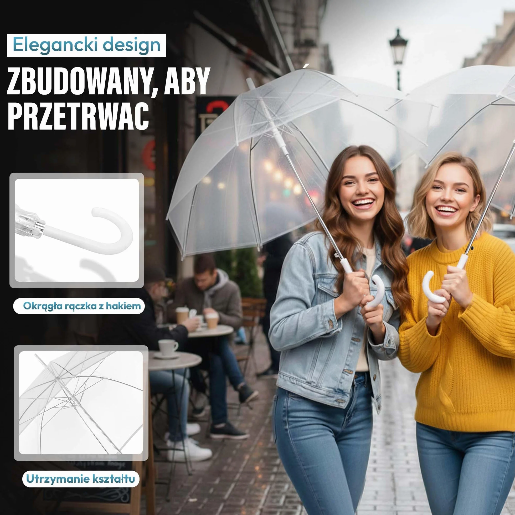 GOODS+GADGETS Parasol przezroczysty, biała laska Ø 100-130 cm; Elegancki parasol w kolorze przezroczystym - modny akcent