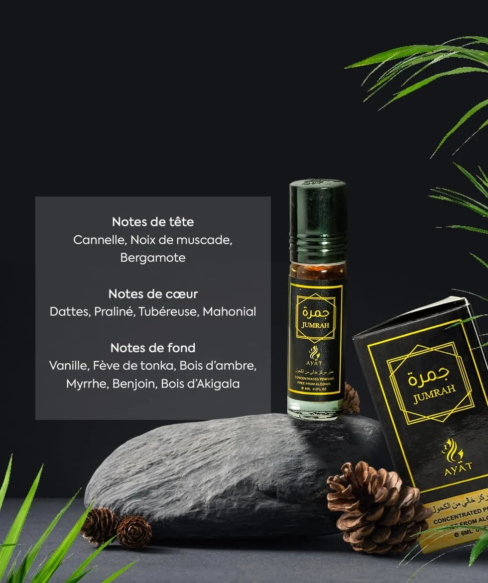 AYAT PERFUMES Attar Jumrah olejek perfumowany piżmo - bezalkoholowy koncentrat dla kobiet i mężczyzn - 6 x 6 ml - długotrwały zapach orientalny Dubaju (zestaw 6 sztuk)