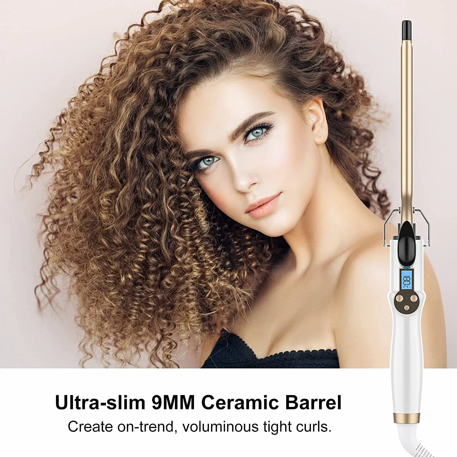 AIMERVO Lokówka do włosów 9MM Afro Drobne Loki 3/8 Inch Curling Wand 11-stopniowa Regulacja Temperatury 110-210°C Cyfrowy Wyświetlacz LCD Ceramiczna Turmalinowa