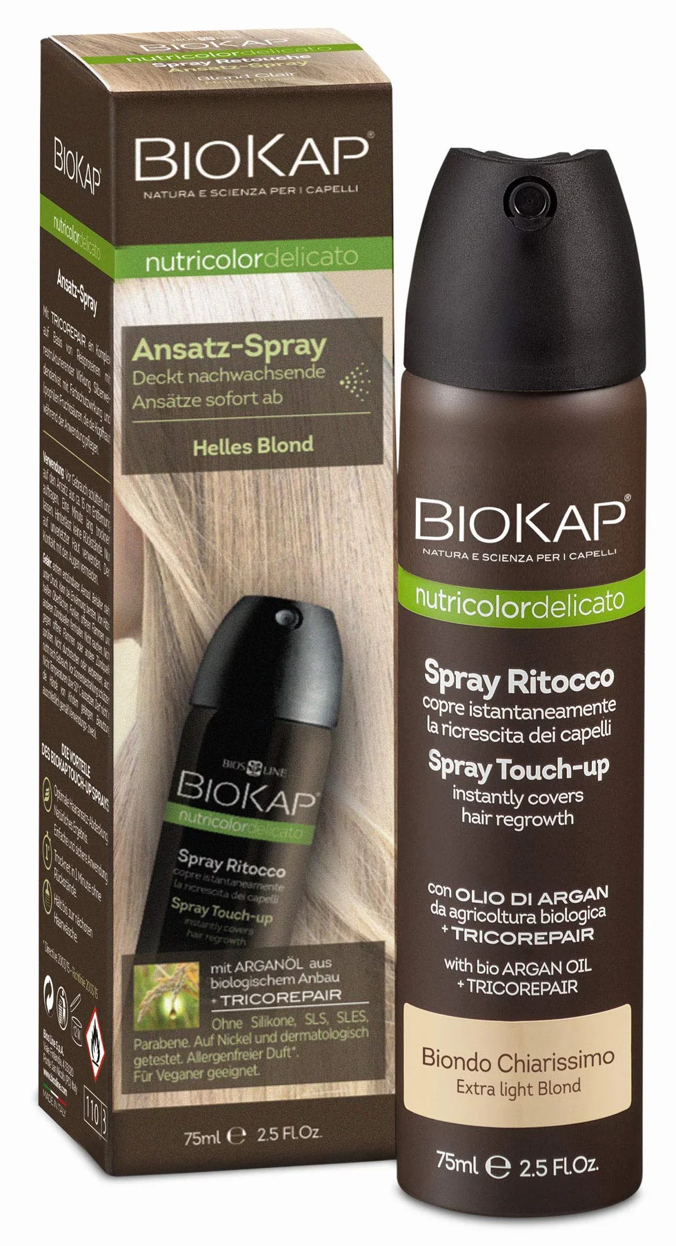 BIOKAP Touch Up spray 75 ml | Jasny blond | szary naskórek w 1 sekundę | utrzymuje się do następnego mycia włosów | Bio olejek arganowy – TricoREPAIR Complex