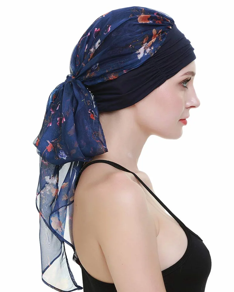 FocusCare chemo turban nakrycie głowy dla kobiet po chemioterapii chorych na raka, granatowy żółty, jeden rozmiar