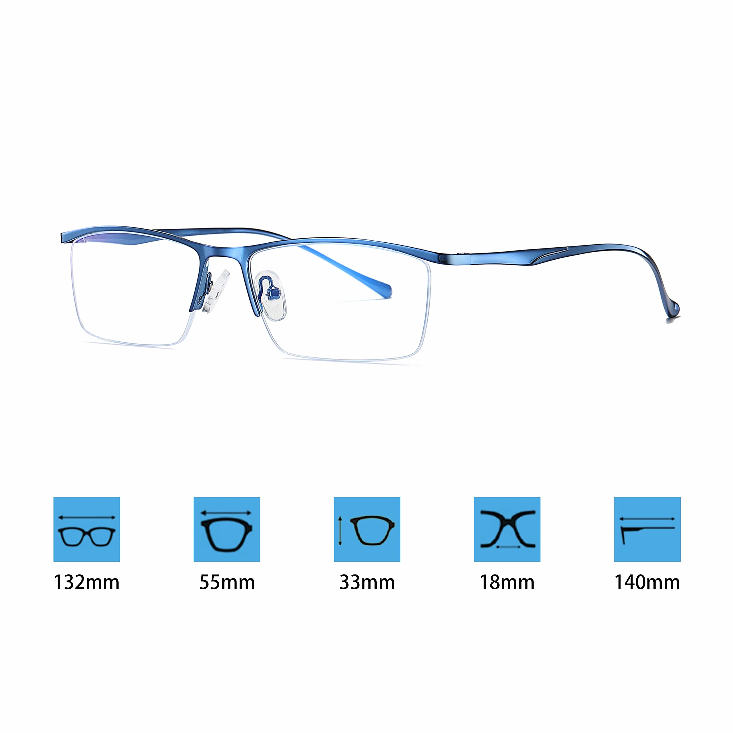 Męskie okulary do komputera, filtr niebieskiego światła, bez siły, ochrona przed promieniowaniem UV, ochrona przed zmęczeniem, metalowa oprawa, prostokątne oprawki okularów + etui na okulary, niebieski, L