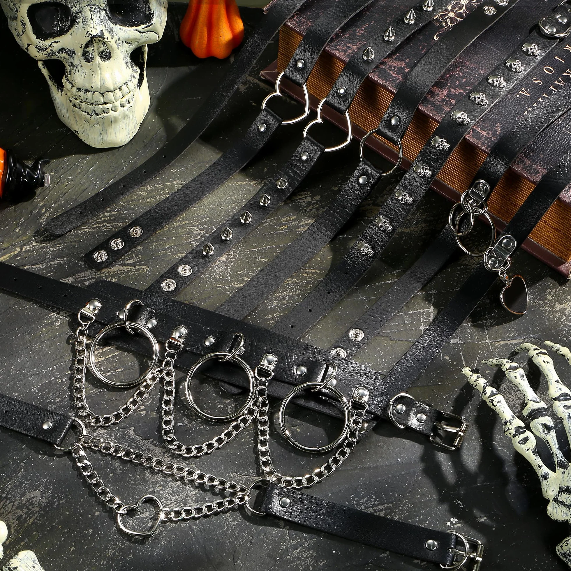 JeweBella naszyjnik typu choker dla kobiet i mężczyzn, ze skóry PU, naszyjnik punkowy, czarny, choker, kolce, skórzany rzemyk, regulowany naszyjnik, 9 szt.