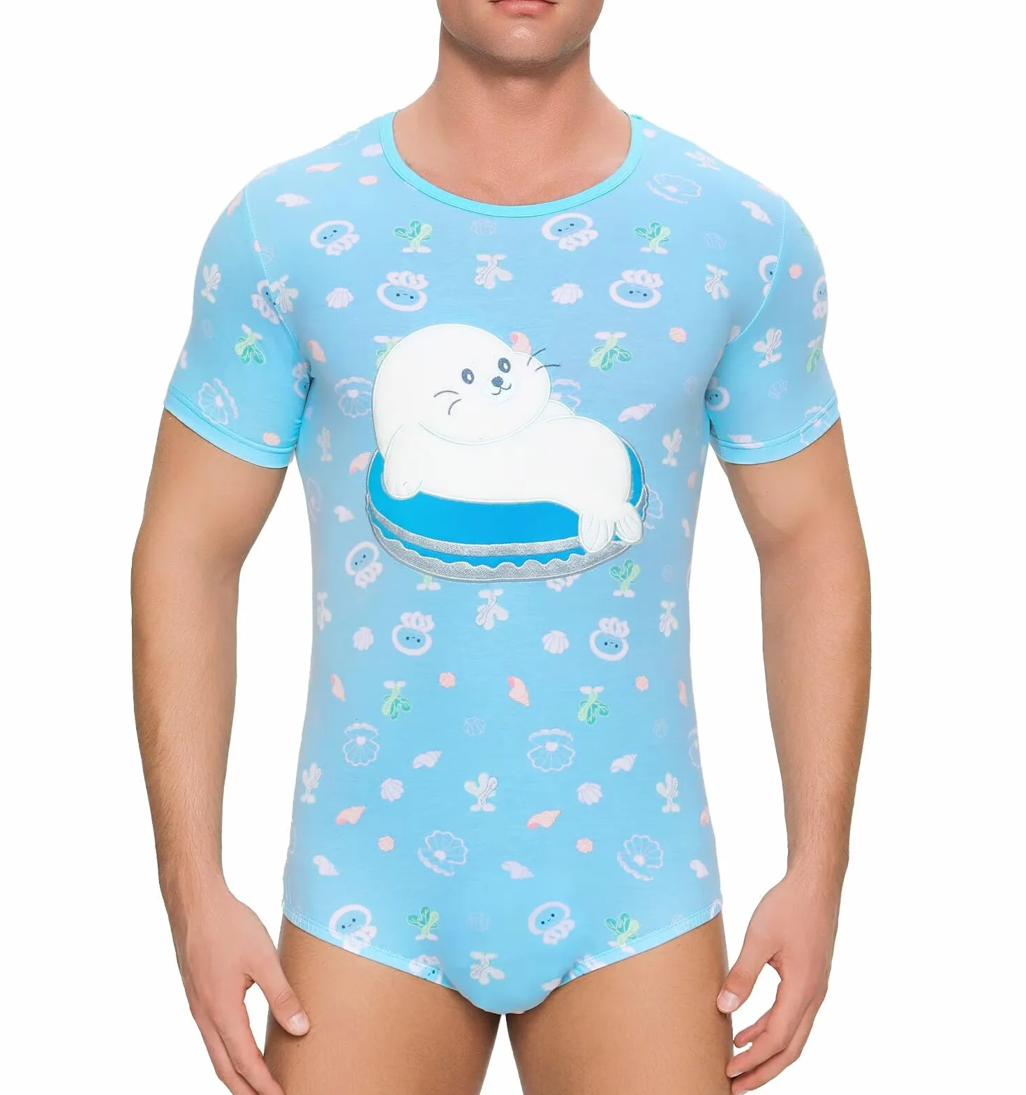 Landofgenie Męskie Onesie Bawełniane Pidżama Bodysuit Pidżama dla Mężczyzn Jednoczęściowy Romper-Sea Lions