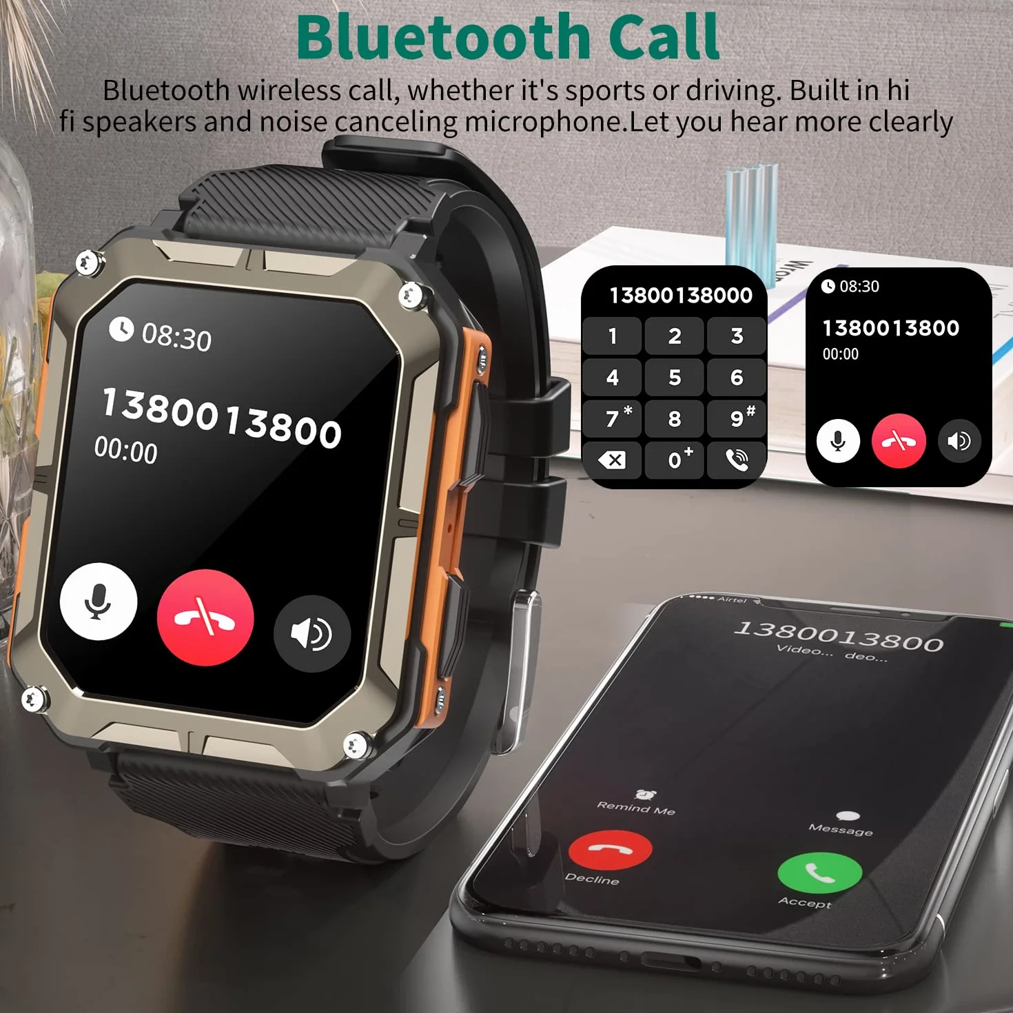 smartwatche Męski z asystentem głosowym do połączeń Bluetooth, sportowy smartwatch 1,81 cala ze 123 trybami sportowymi, odtwarzaczem muzycznym, pomiarem tętna, wodoodpornością IP68 dla Android iOS