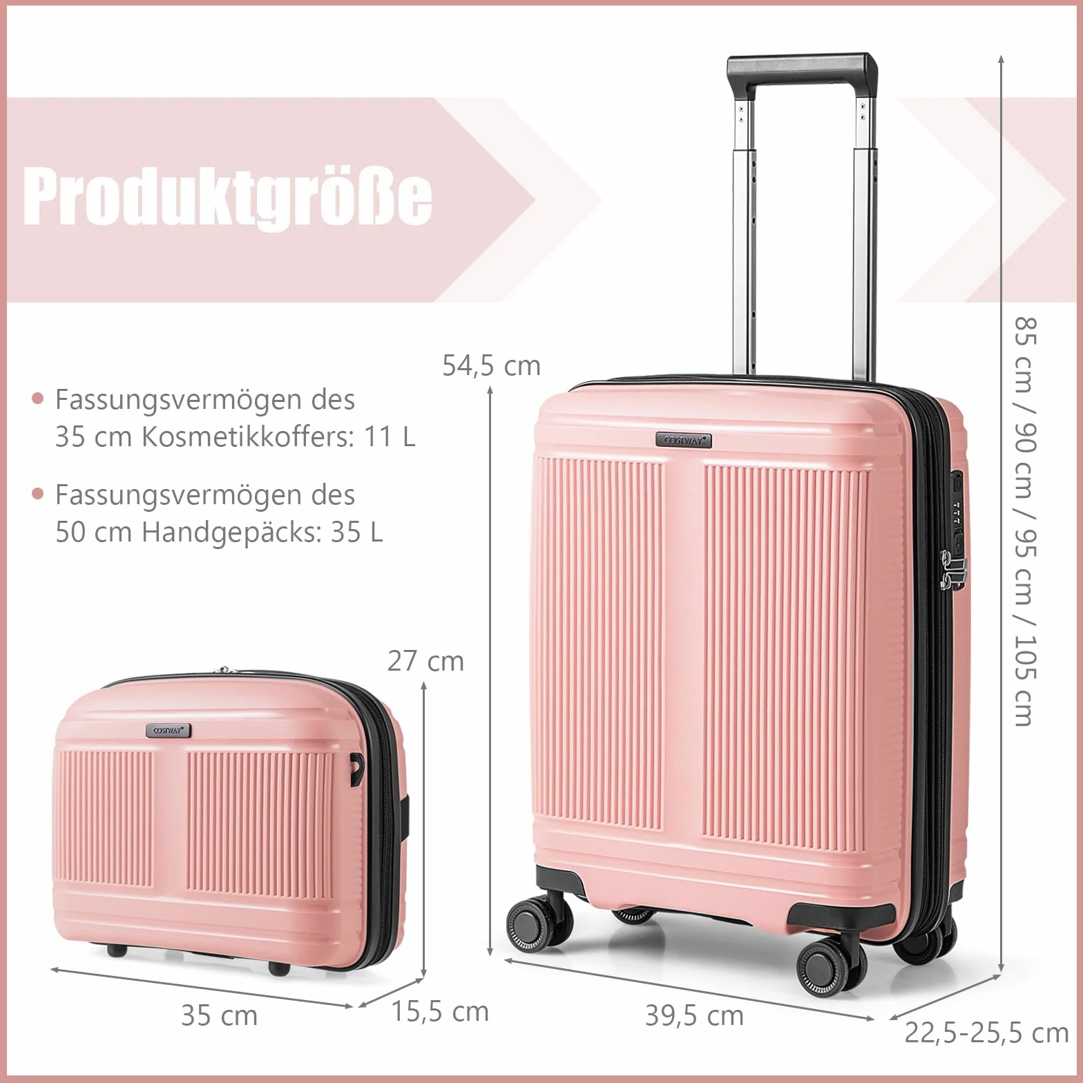 COSTWAY 2-częściowy zestaw bagażu, walizka podręczna o przekątnej 14", z zamkiem TSA, port USB, bagaż na kółkach, 2 sztuki, różowy, 14” + 20", Operacje