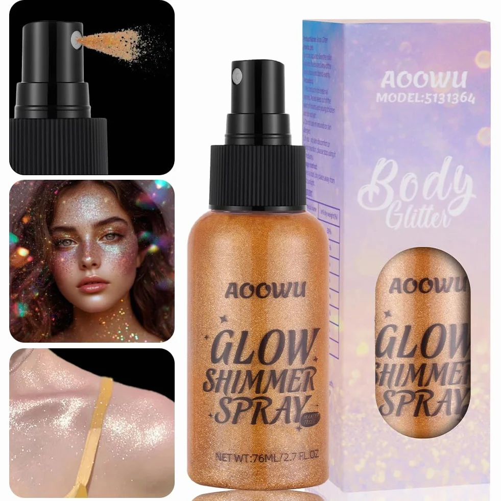 AOOWU Brokatowy spray w proszku, brokat do ciała, brokatowy spray, spray rozjaśniający skórę, migoczący puder do twarzy, ciała, włosów, Halloween, ślub, karnawał, impreza, 01