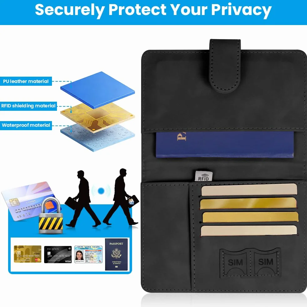 Etui na paszport, etui z portfelem, skóra PU, blokowanie RFID, etui na paszport, etui na paszport, karty kredytowe, wizytówki, Czarny - 1 szt
