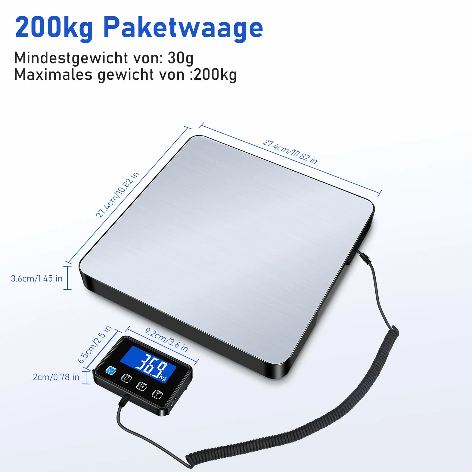 Waga paczkowa, 200 kg/10 g, precyzyjna cyfrowa waga platformowa z funkcją trzymania/tary, waga pocztowa z zamontowanym na ścianie wyświetlaczem LCD do paczek/magazynów/bagażu