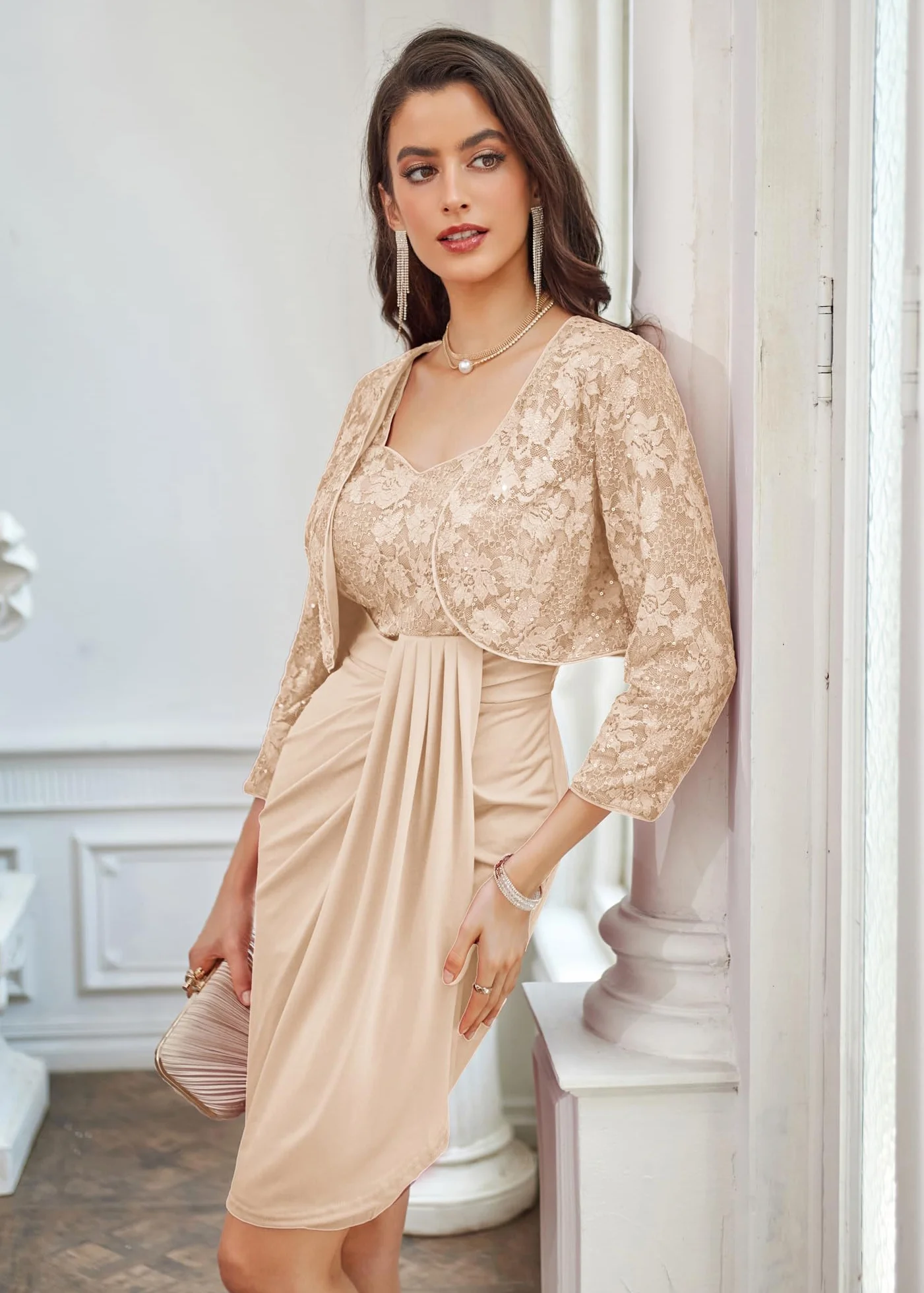 GRACE KARIN Damski błyszczący brokat cekinowy koronkowy kardigan z rękawami 3/4 vintage cekinowe bolerko